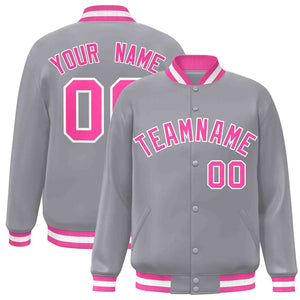 Custom Gray Pink-White Classic Style Varsity Full-Snap Letterman Jacket