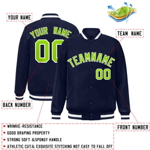 Custom Navy Neon Green-White Classic Style Varsity Full-Snap Letterman Jacket