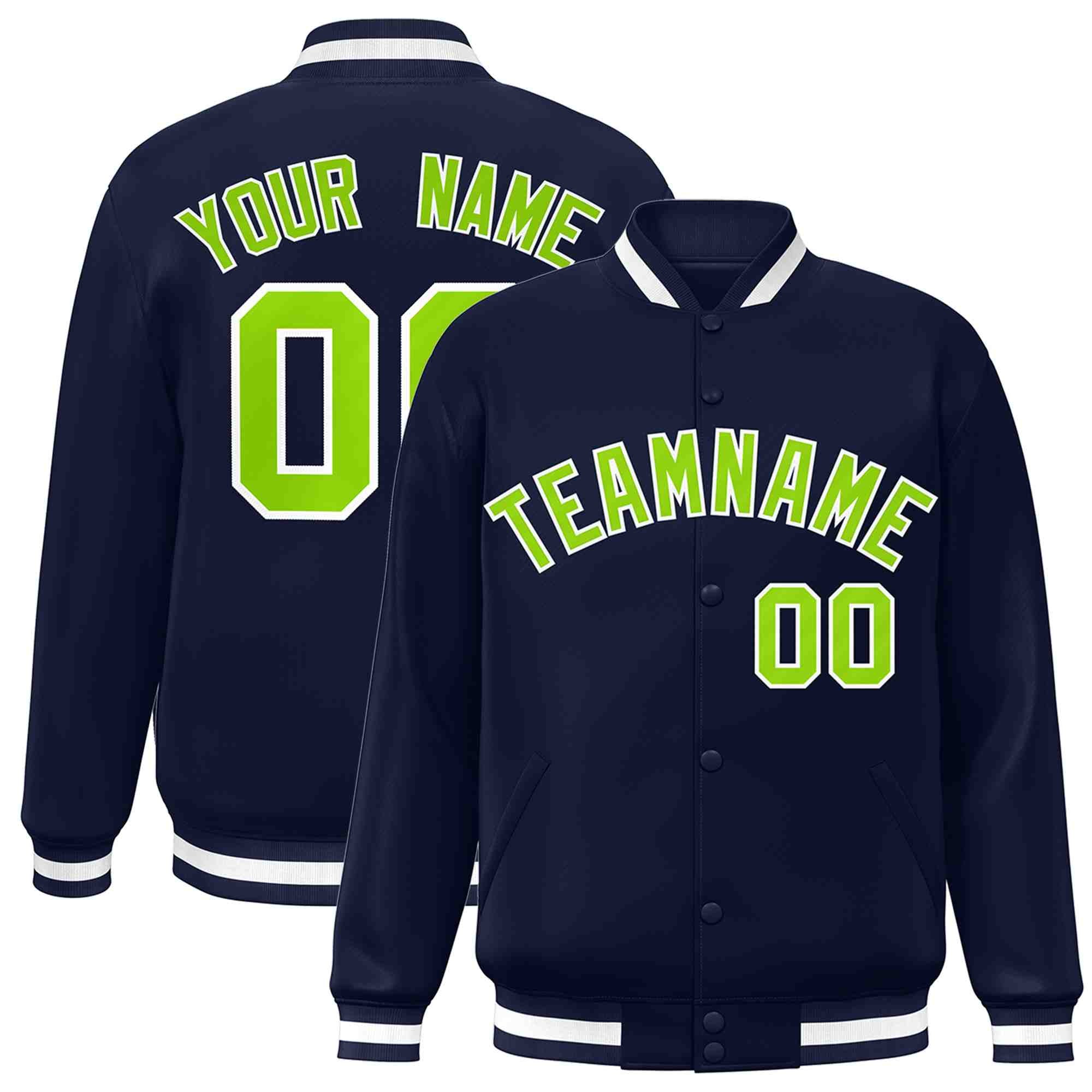 Custom Navy Neon Green-White Classic Style Varsity Full-Snap Letterman Jacket