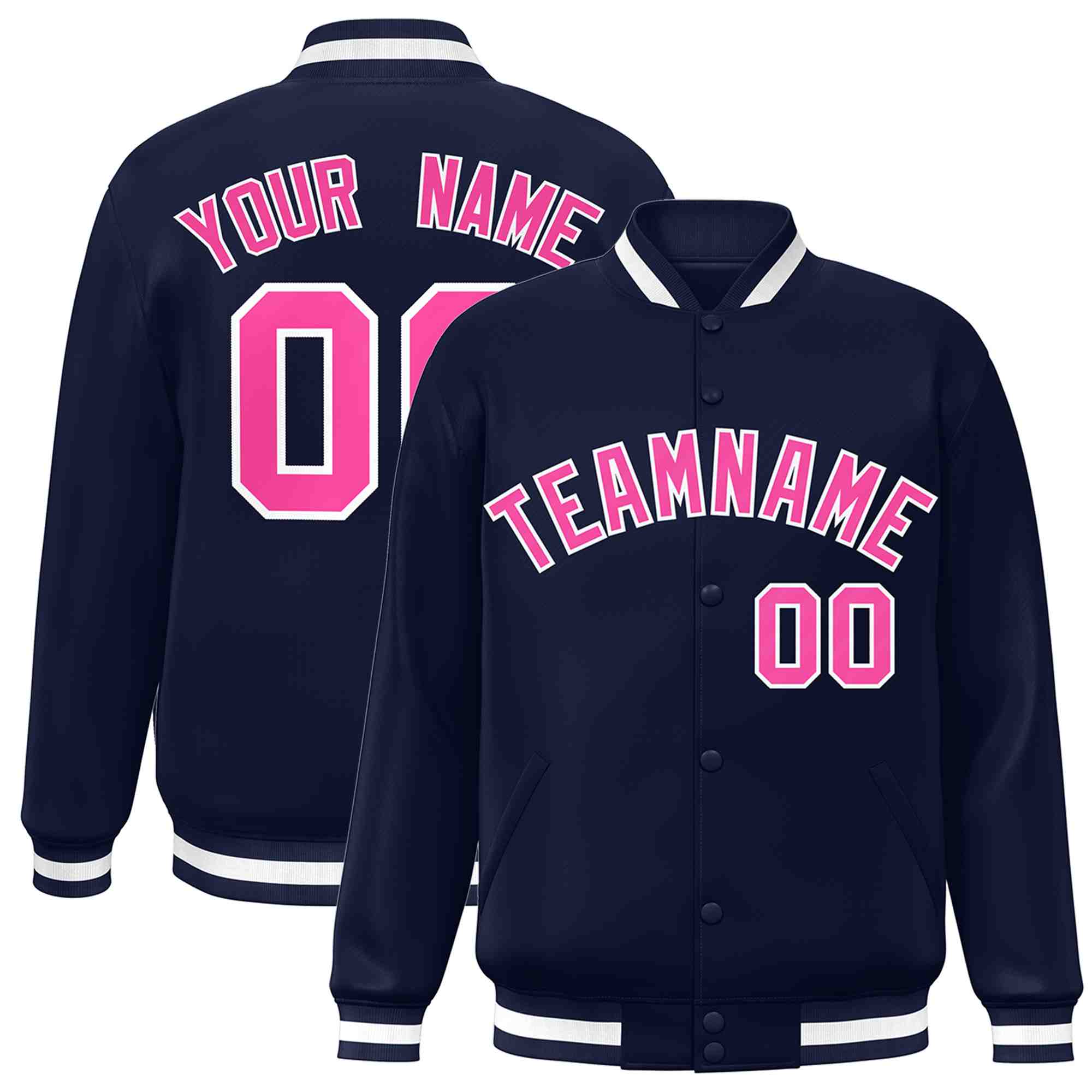 Custom Navy Pink-White Classic Style Varsity Full-Snap Letterman Jacket