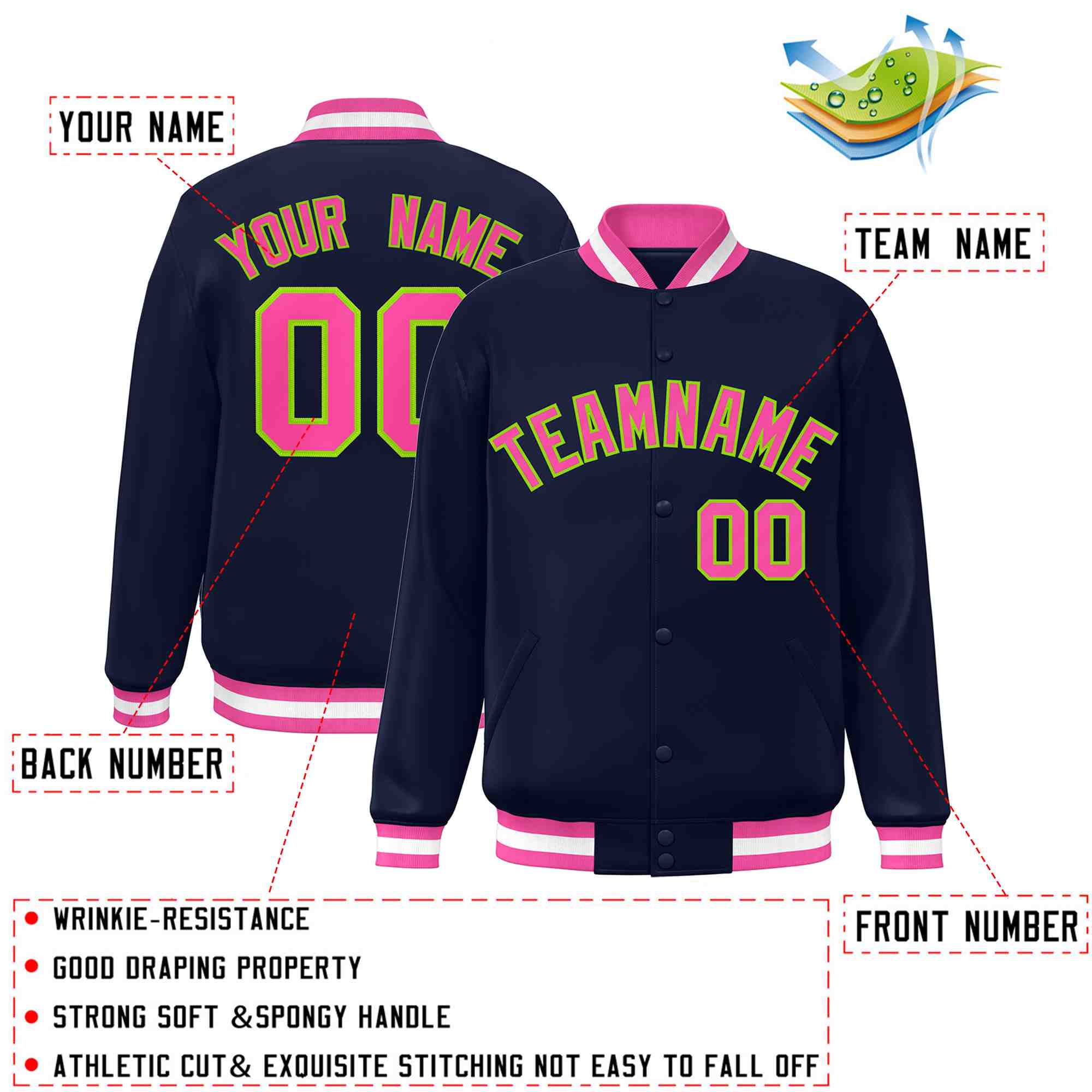 Custom Navy Pink-Neon Green Classic Style Varsity Full-Snap Letterman Jacket