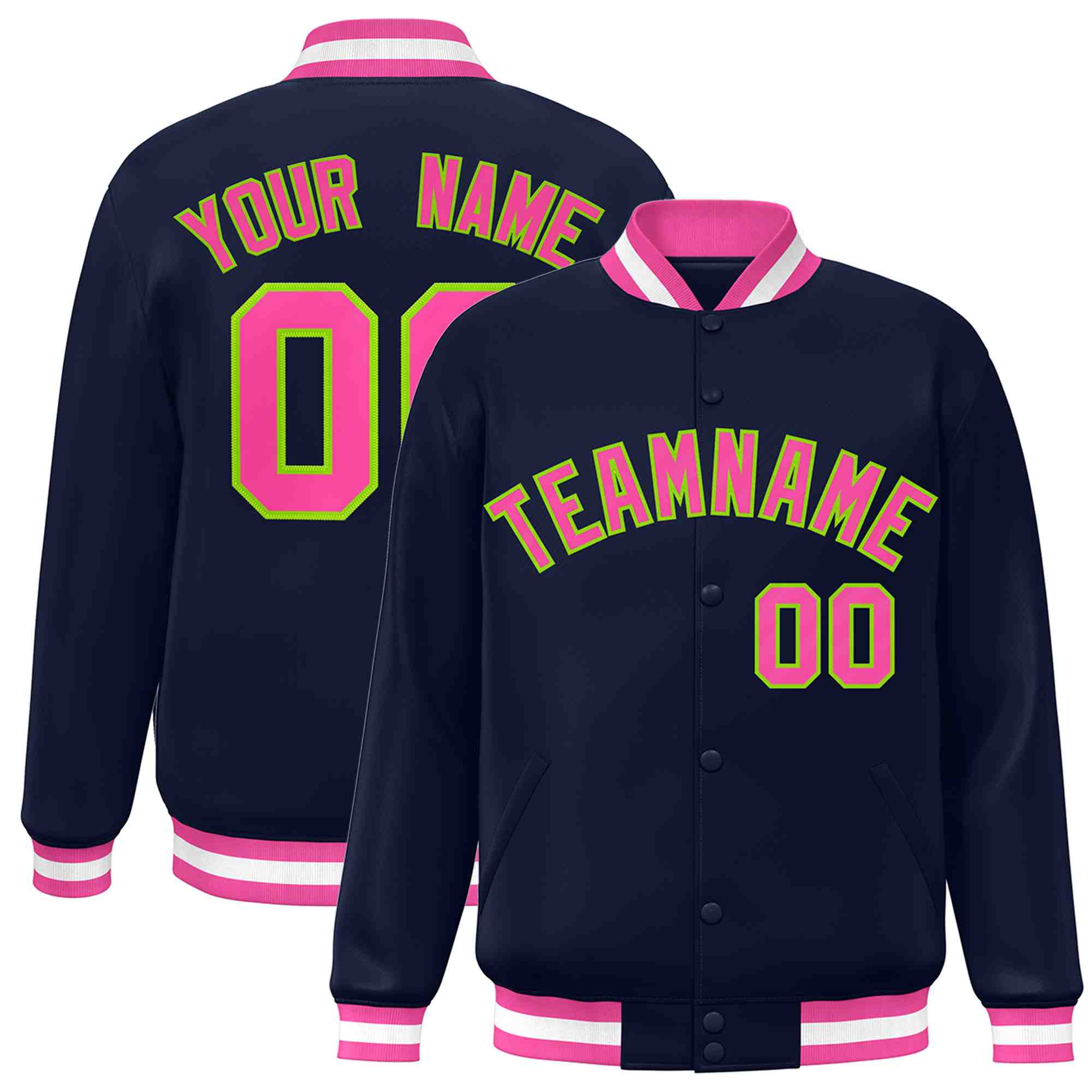 Custom Navy Pink-Neon Green Classic Style Varsity Full-Snap Letterman Jacket