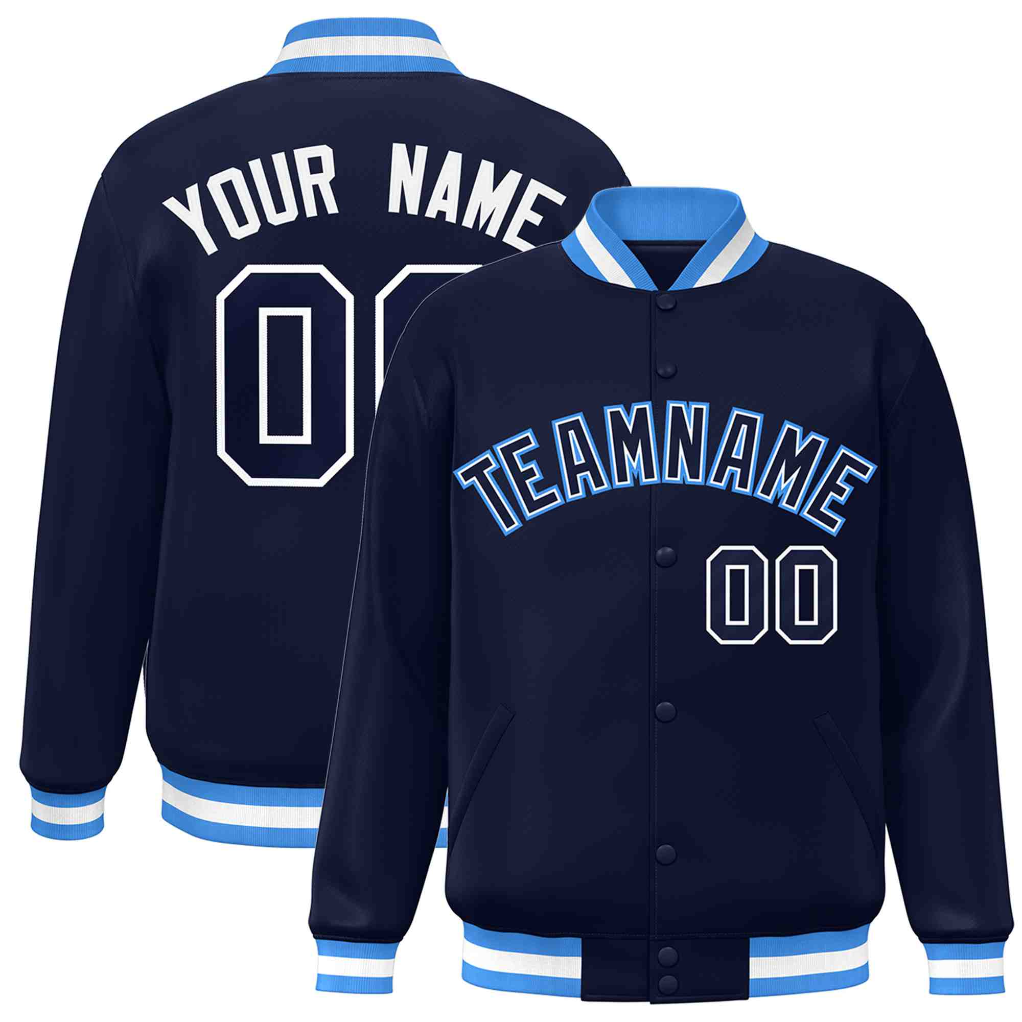 Custom Navy Navy-White Classic Style Varsity Full-Snap Letterman Jacket