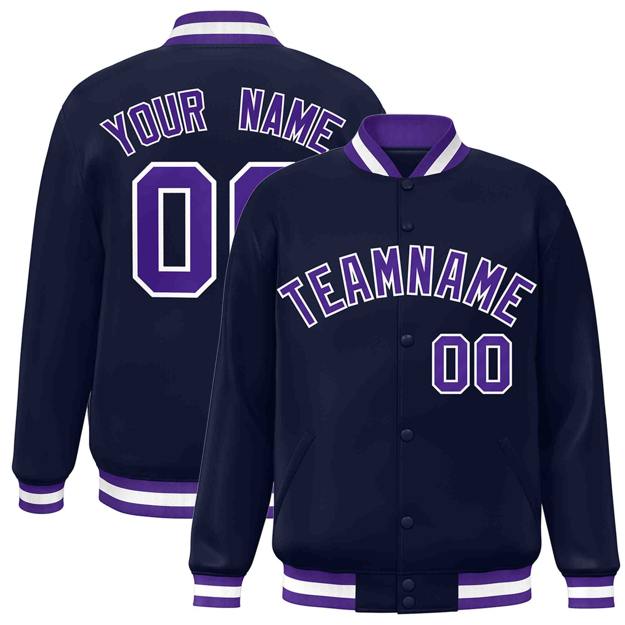 Custom Navy Purple-White Classic Style Varsity Full-Snap Letterman Jacket