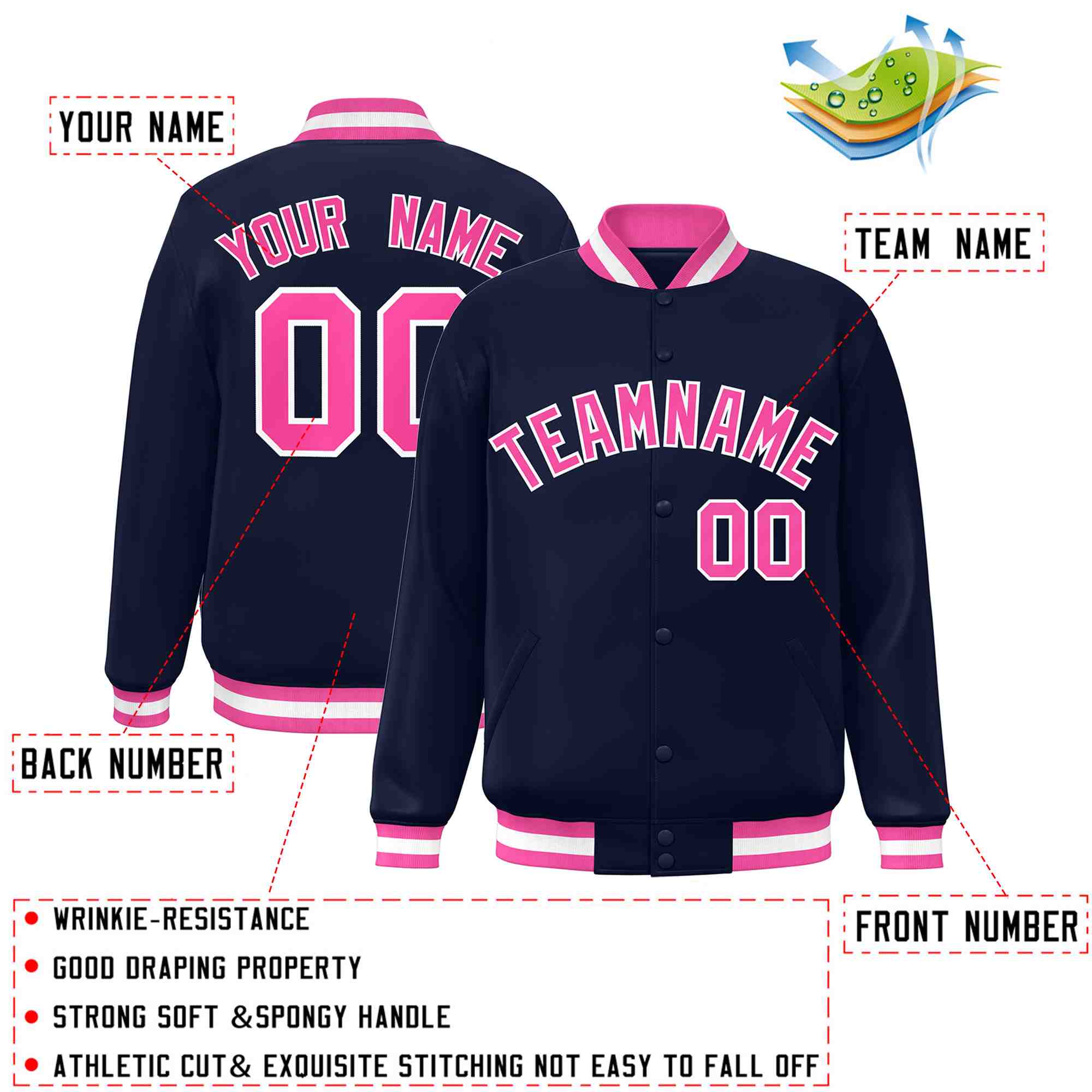 Custom Navy Pink-White Classic Style Varsity Full-Snap Letterman Jacket