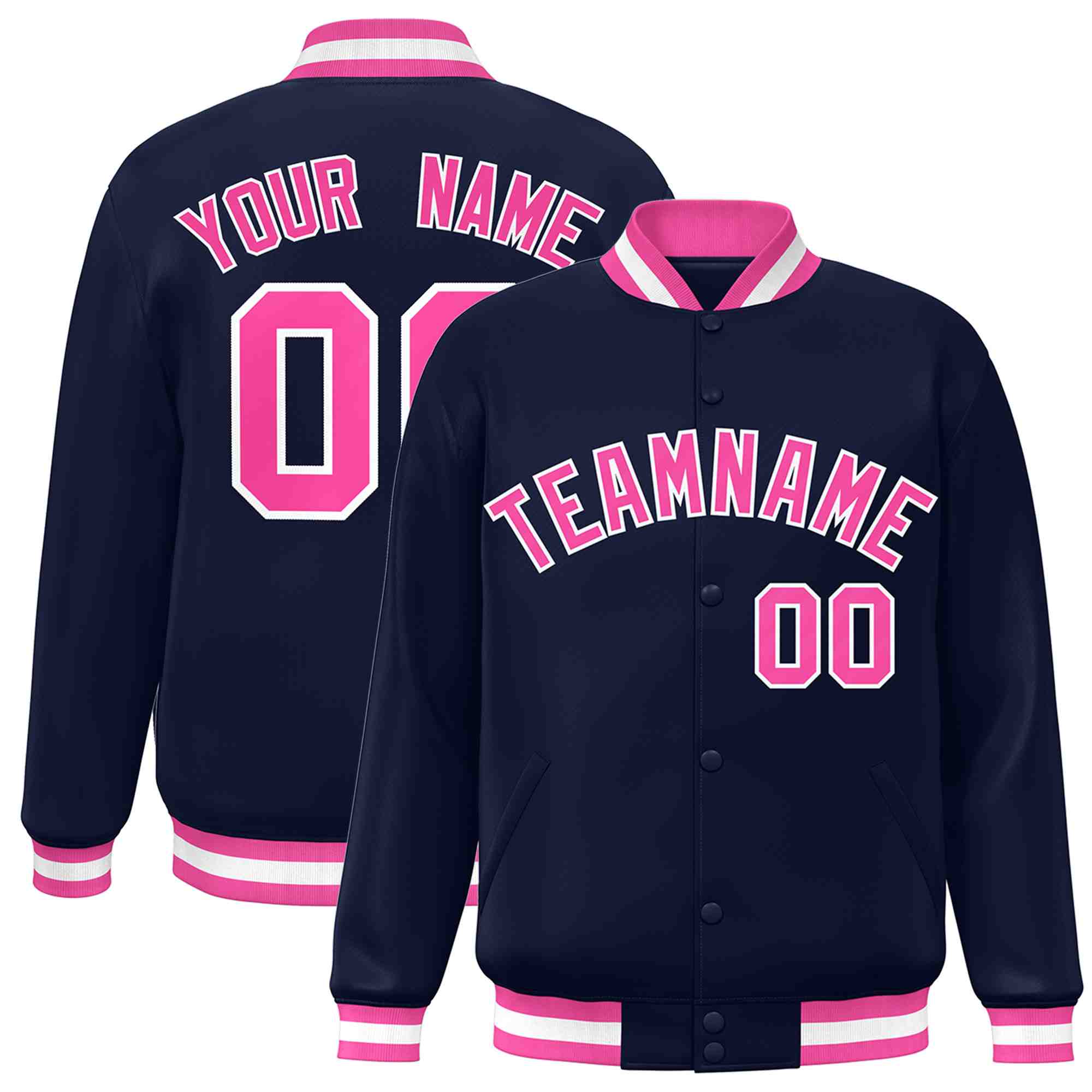 Custom Navy Pink-White Classic Style Varsity Full-Snap Letterman Jacket