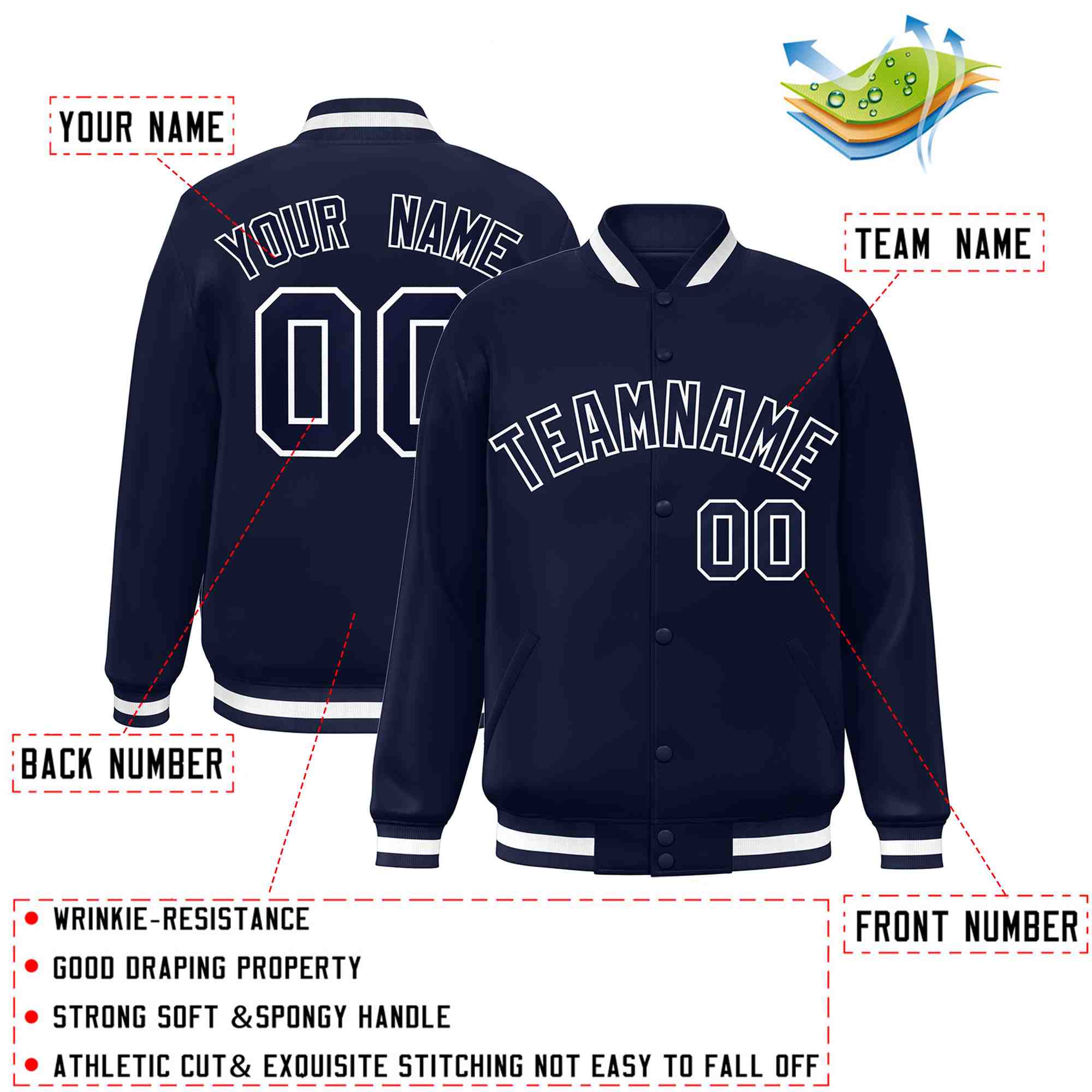 Custom Navy Navy-White Classic Style Varsity Full-Snap Letterman Jacket