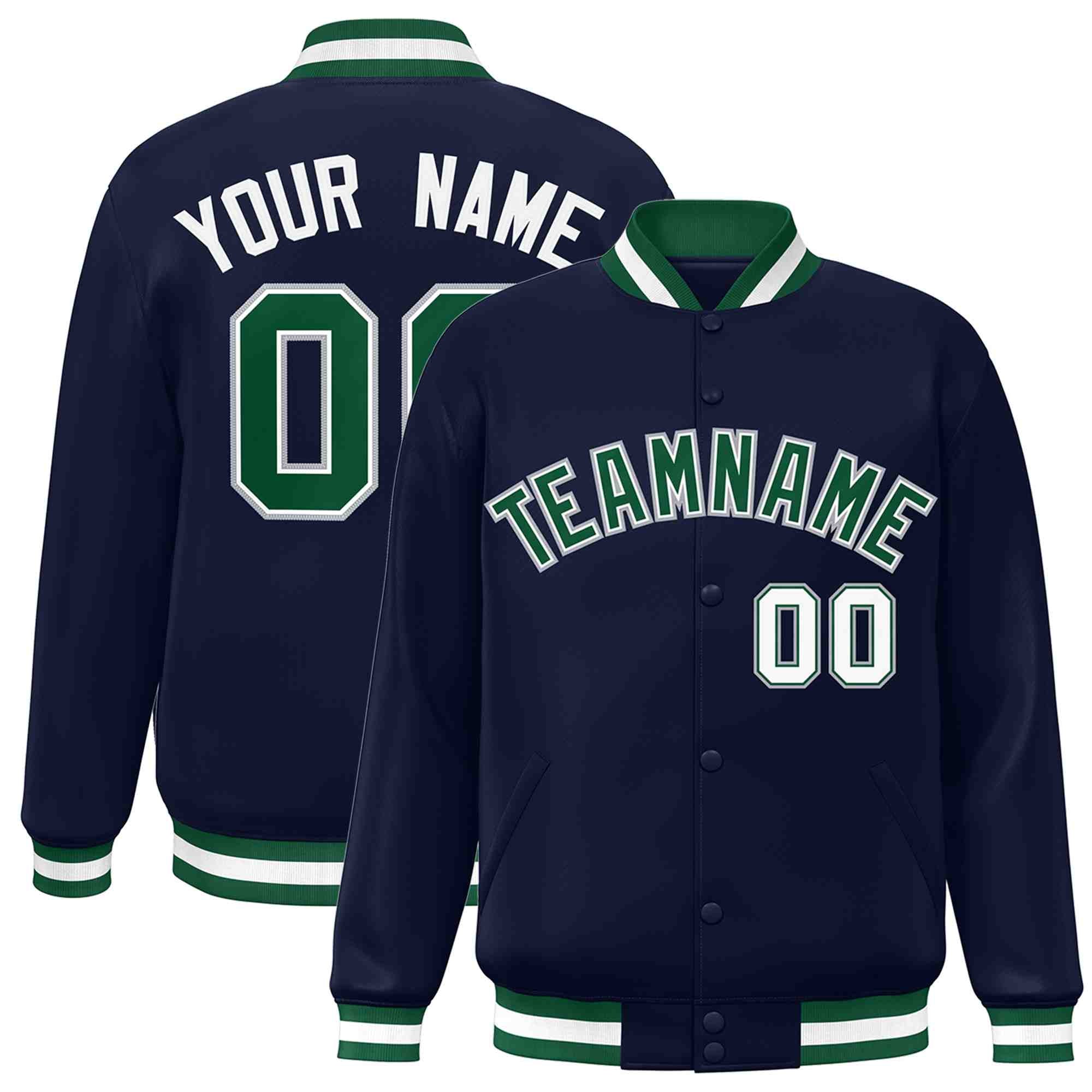 Custom Navy Green-White Classic Style Varsity Full-Snap Letterman Jacket