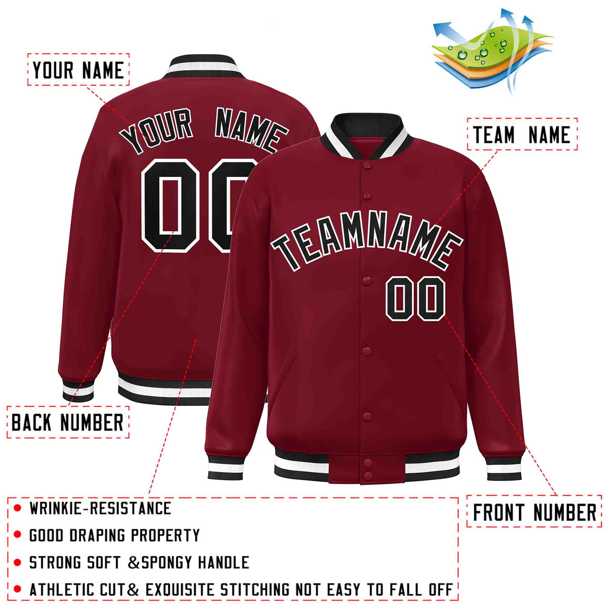 Custom Crimson Black-White Classic Style Varsity Full-Snap Letterman Jacket