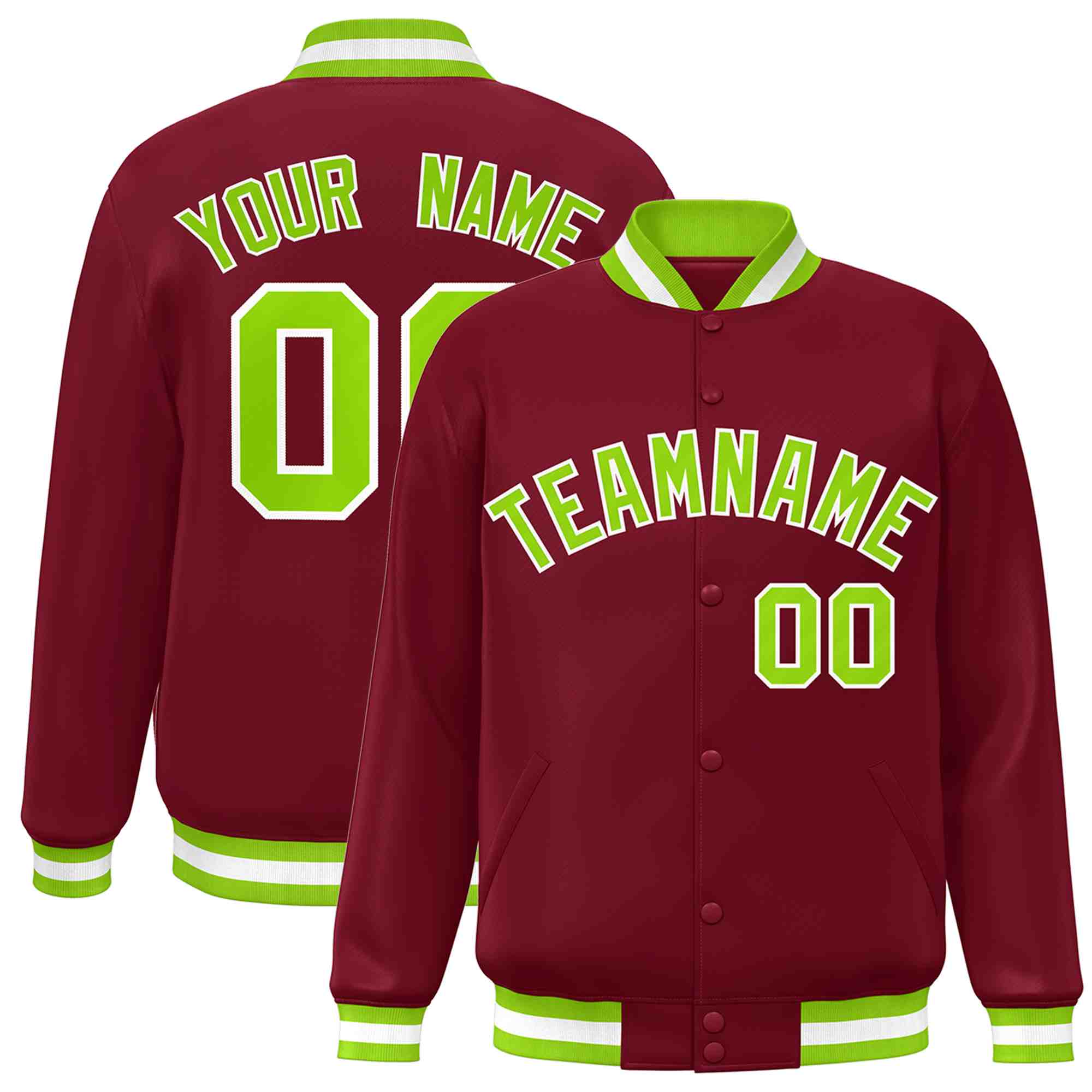 Veste Letterman à bouton-pression personnalisée Crimson Neon Vert-Blanc de style classique