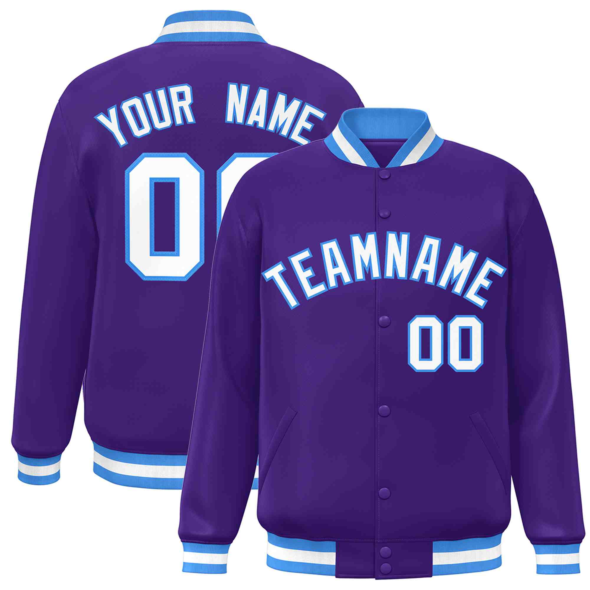 Custom Purple White-Powder Blue Classic Style Varsity Full-Snap Letterman Jacket