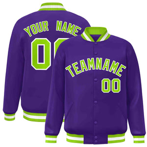 Custom Purple Neon Green-White Classic Style Varsity Full-Snap Letterman Jacket