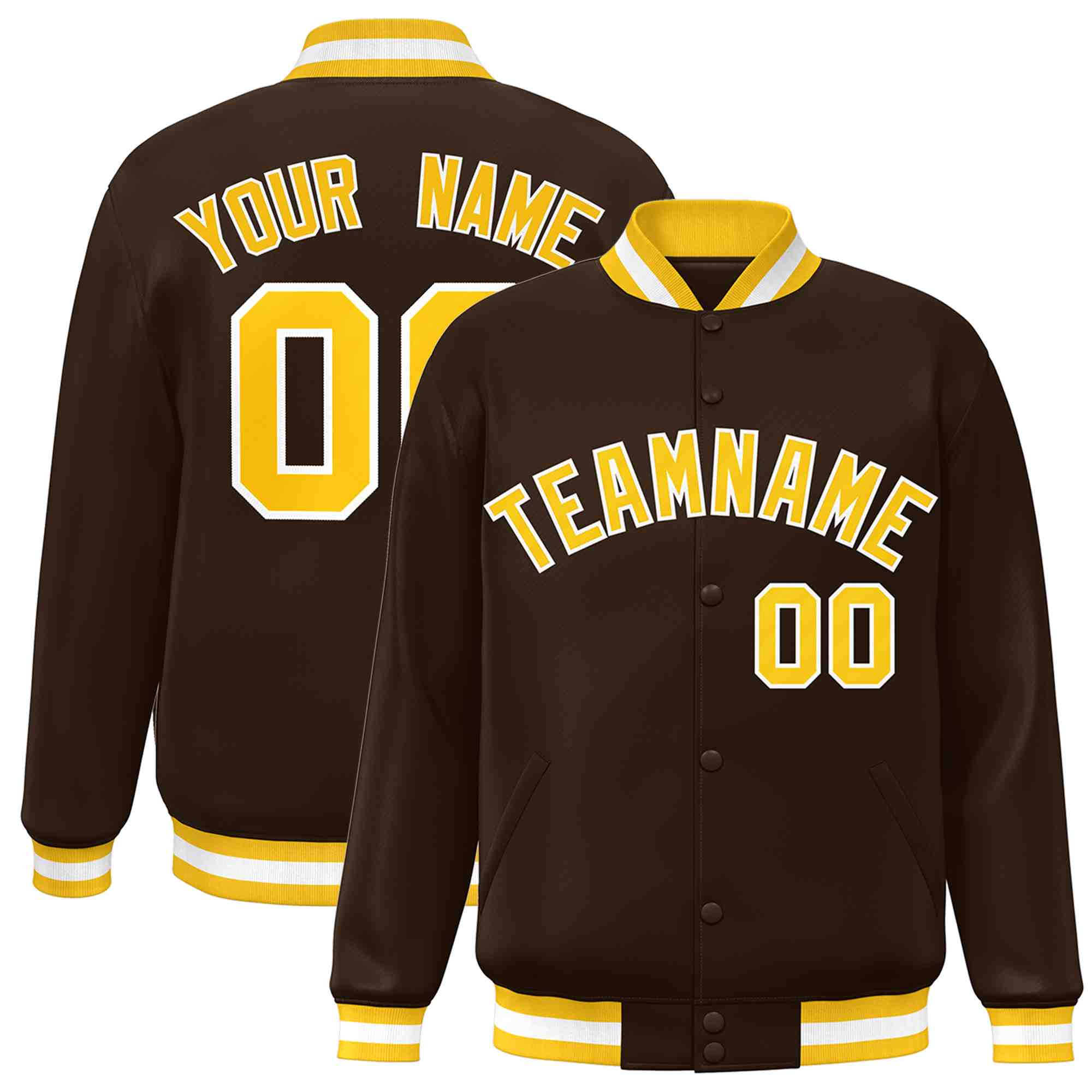 Custom Brown Gold-White Classic Style Varsity Full-Snap Letterman Jacket