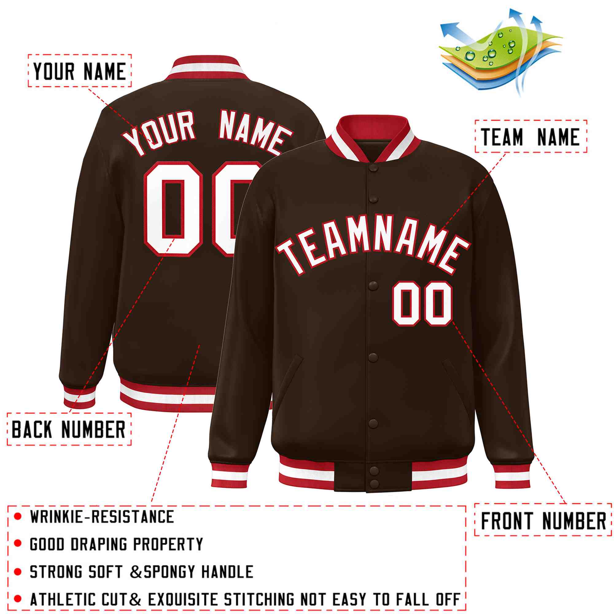 Custom Brown White-Red Classic Style Varsity Full-Snap Letterman Jacket