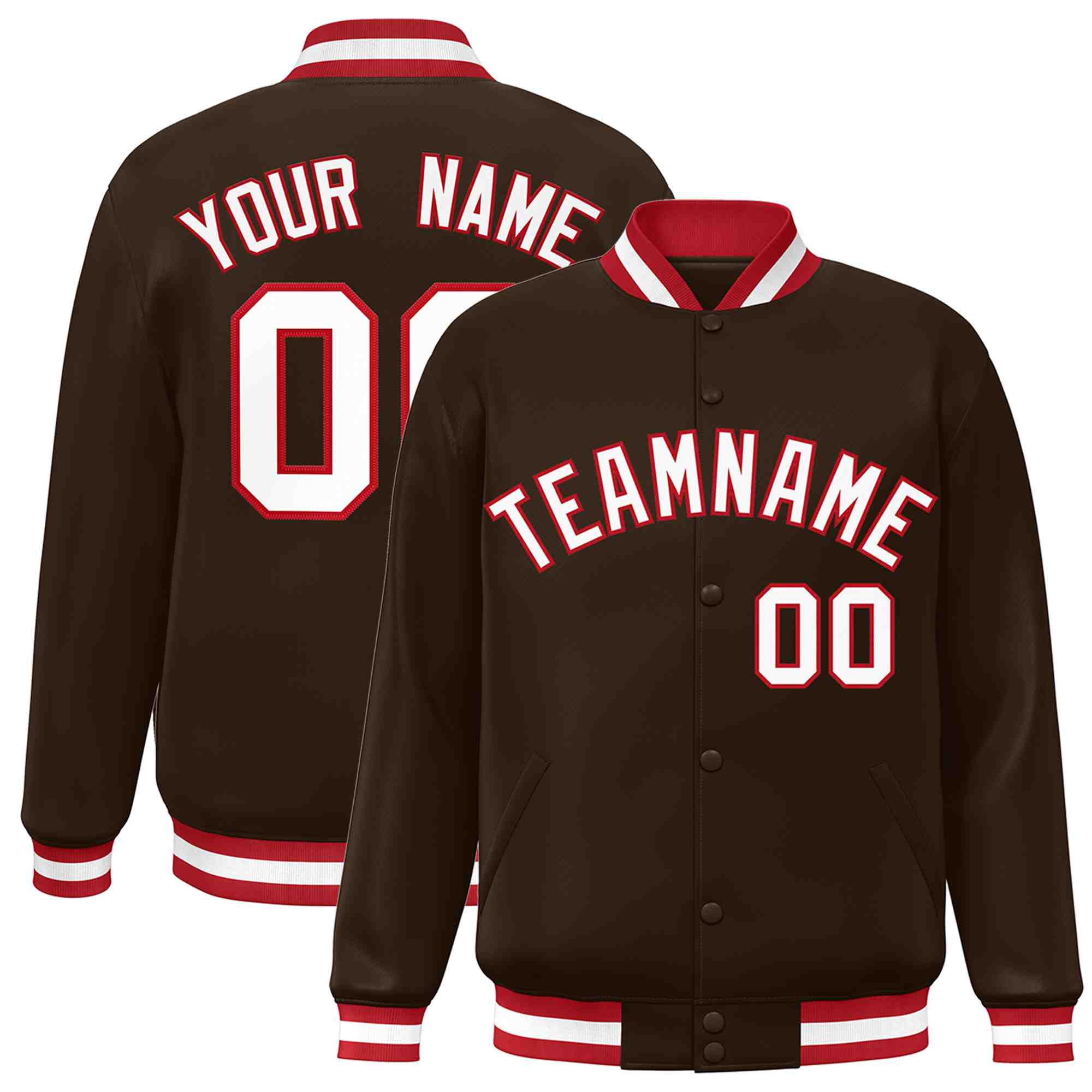 Custom Brown White-Red Classic Style Varsity Full-Snap Letterman Jacket