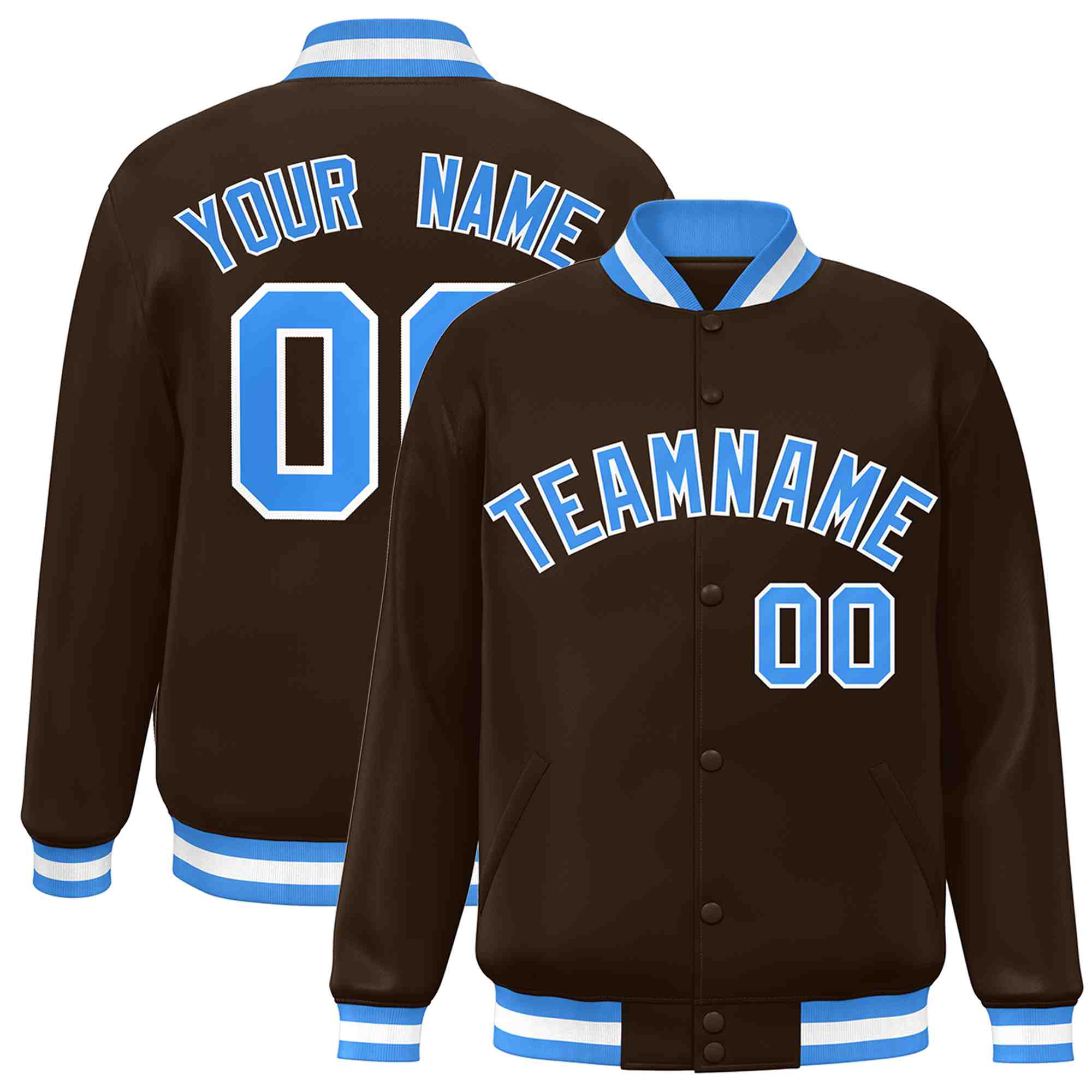 Custom Brown Powder Blue-White Classic Style Varsity Full-Snap Letterman Jacket