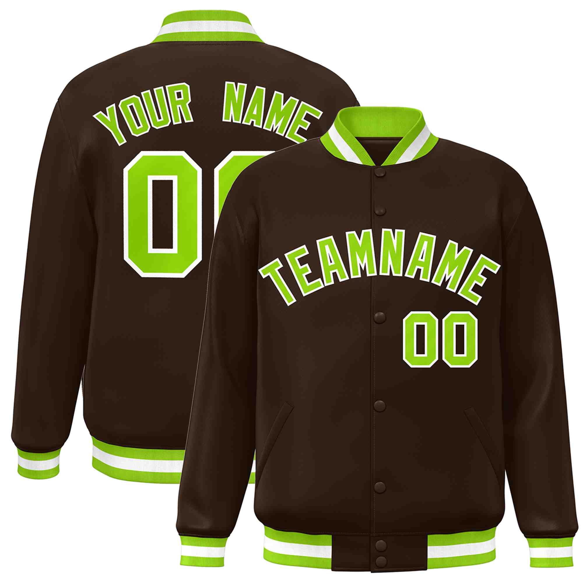 Custom Brown Neon Green-White Classic Style Varsity Full-Snap Letterman Jacket