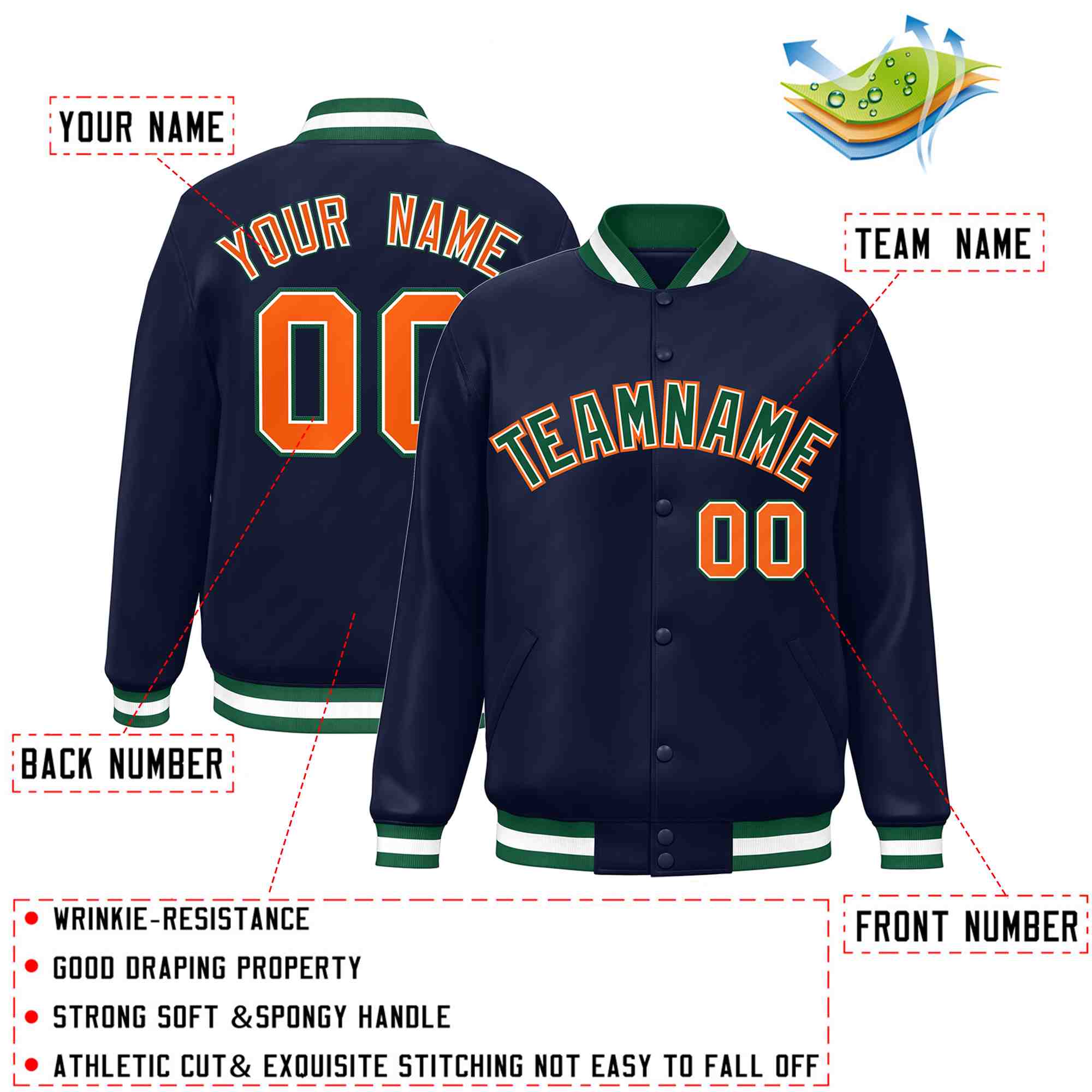 Custom Navy Green-White Classic Style Varsity Full-Snap Letterman Jacket