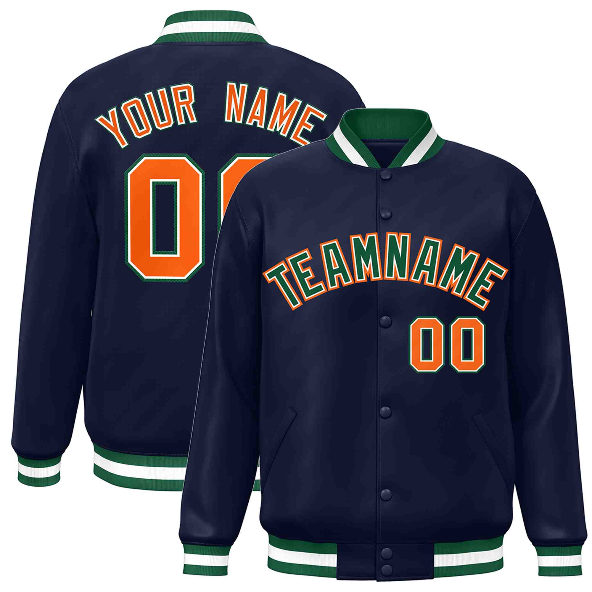 Custom Navy Green-White Classic Style Varsity Full-Snap Letterman Jacket