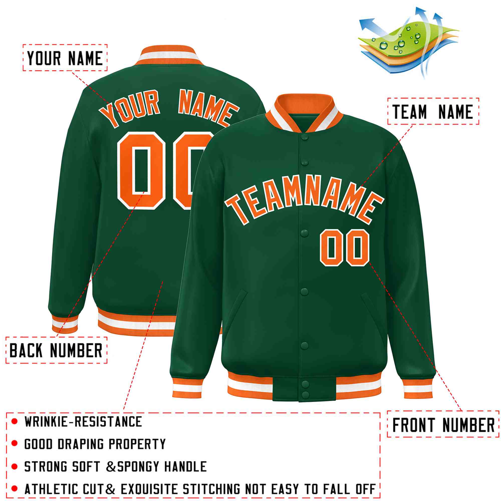 Custom Green Orange-White Classic Style Varsity Full-Snap Letterman Jacket