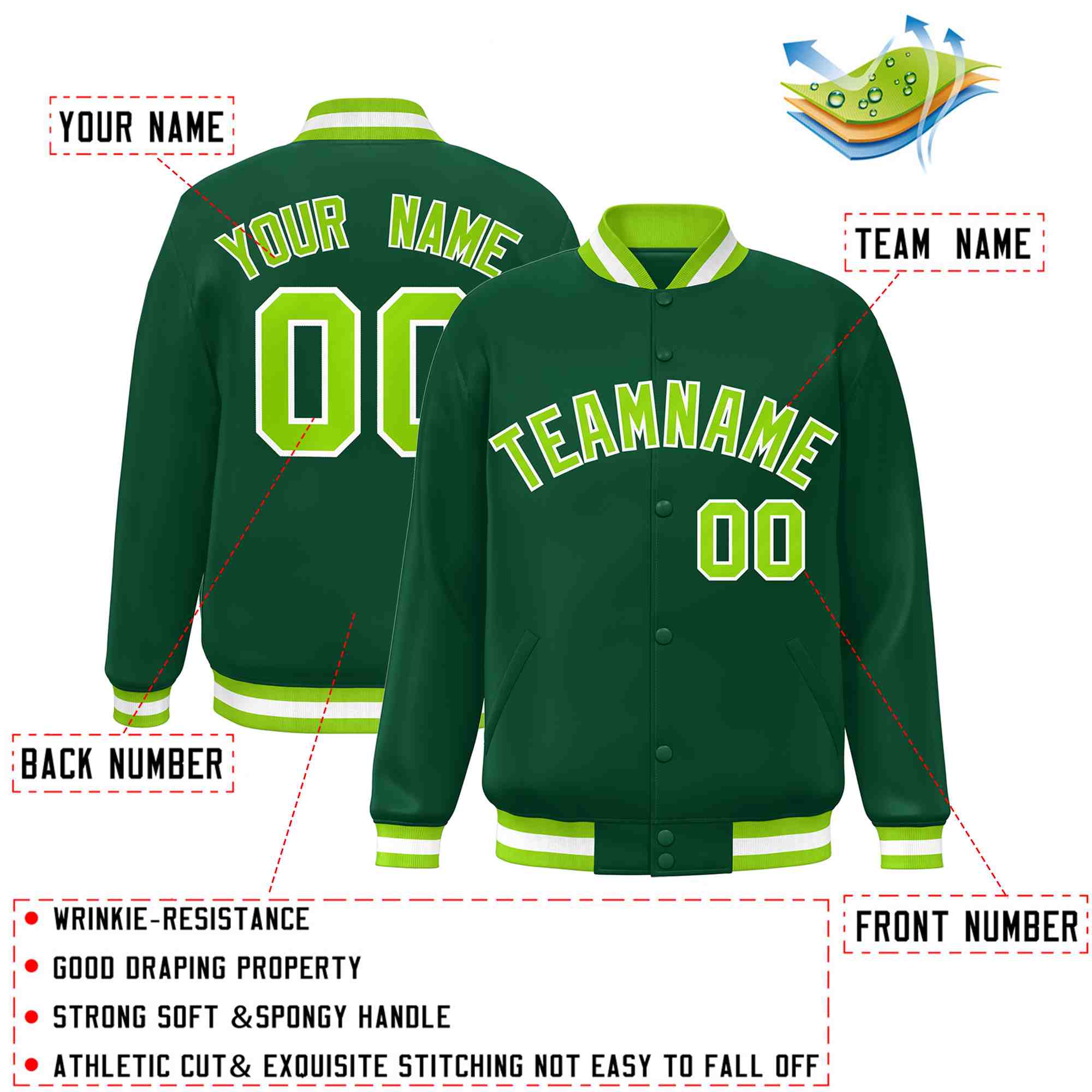 Custom Green Neon Green-White Classic Style Varsity Full-Snap Letterman Jacket