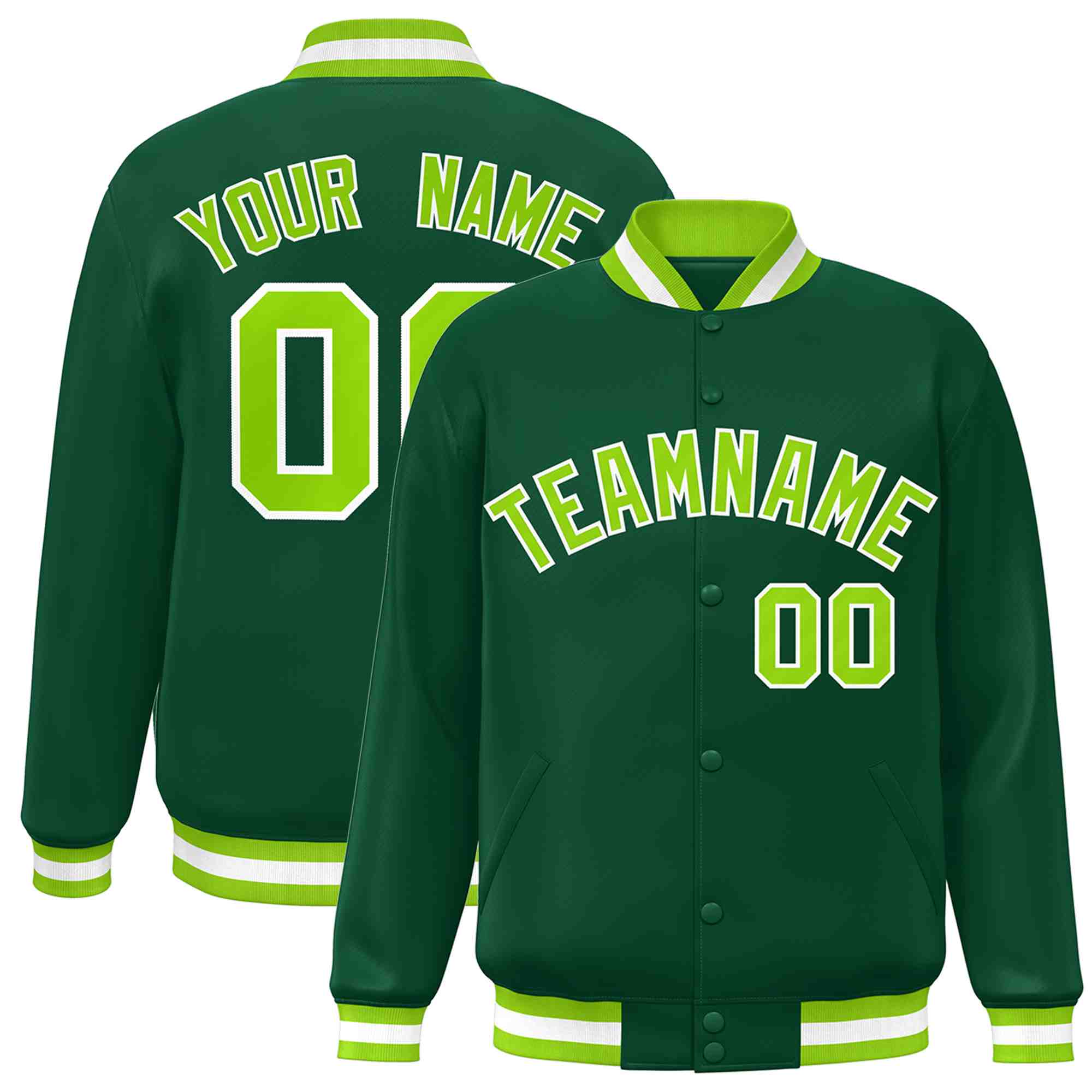 Veste Letterman à bouton-pression personnalisée vert néon vert-blanc de style classique