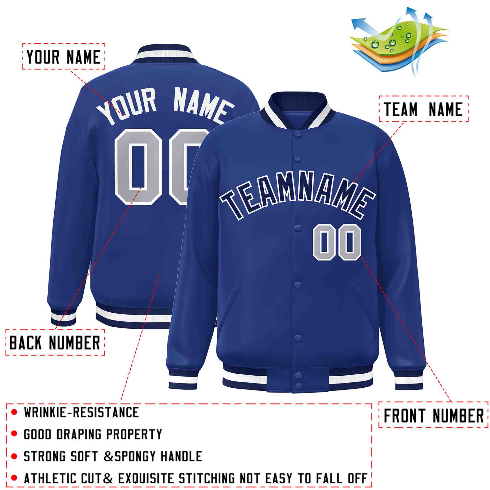 Custom Royal Navy-White Classic Style Varsity Full-Snap Letterman Jacket