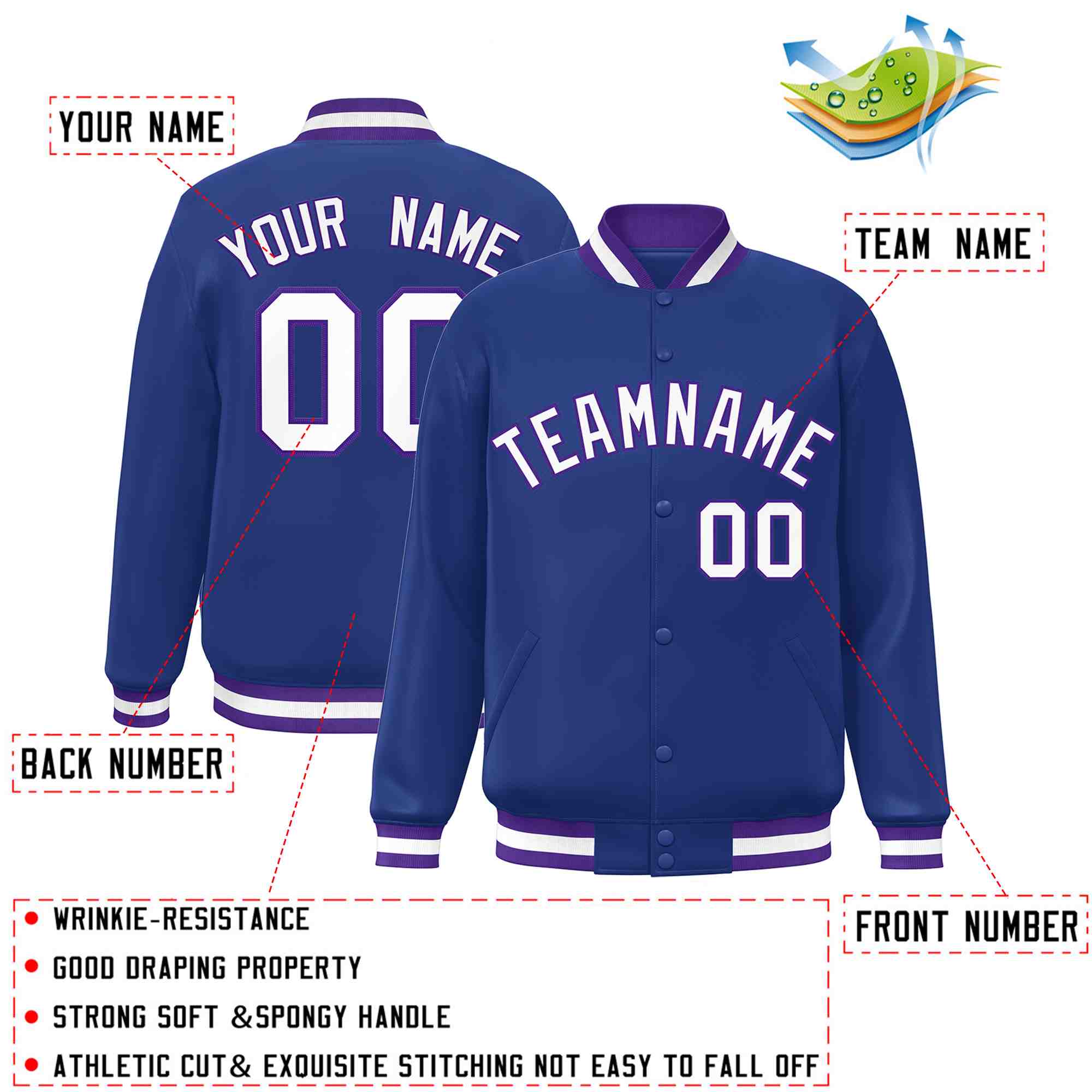 Custom Royal White-Purple Classic Style Varsity Full-Snap Letterman Jacket