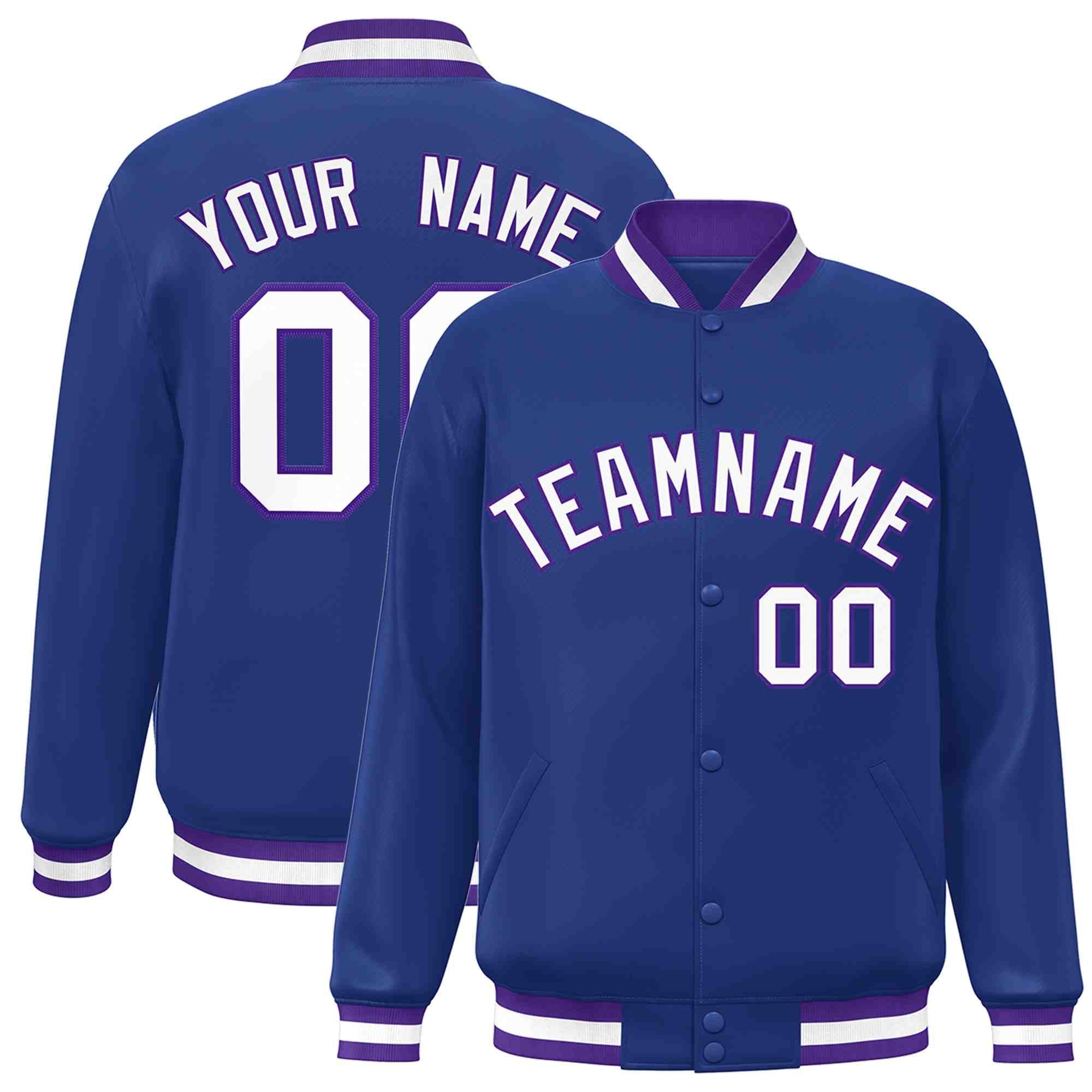 Custom Royal White-Purple Classic Style Varsity Full-Snap Letterman Jacket