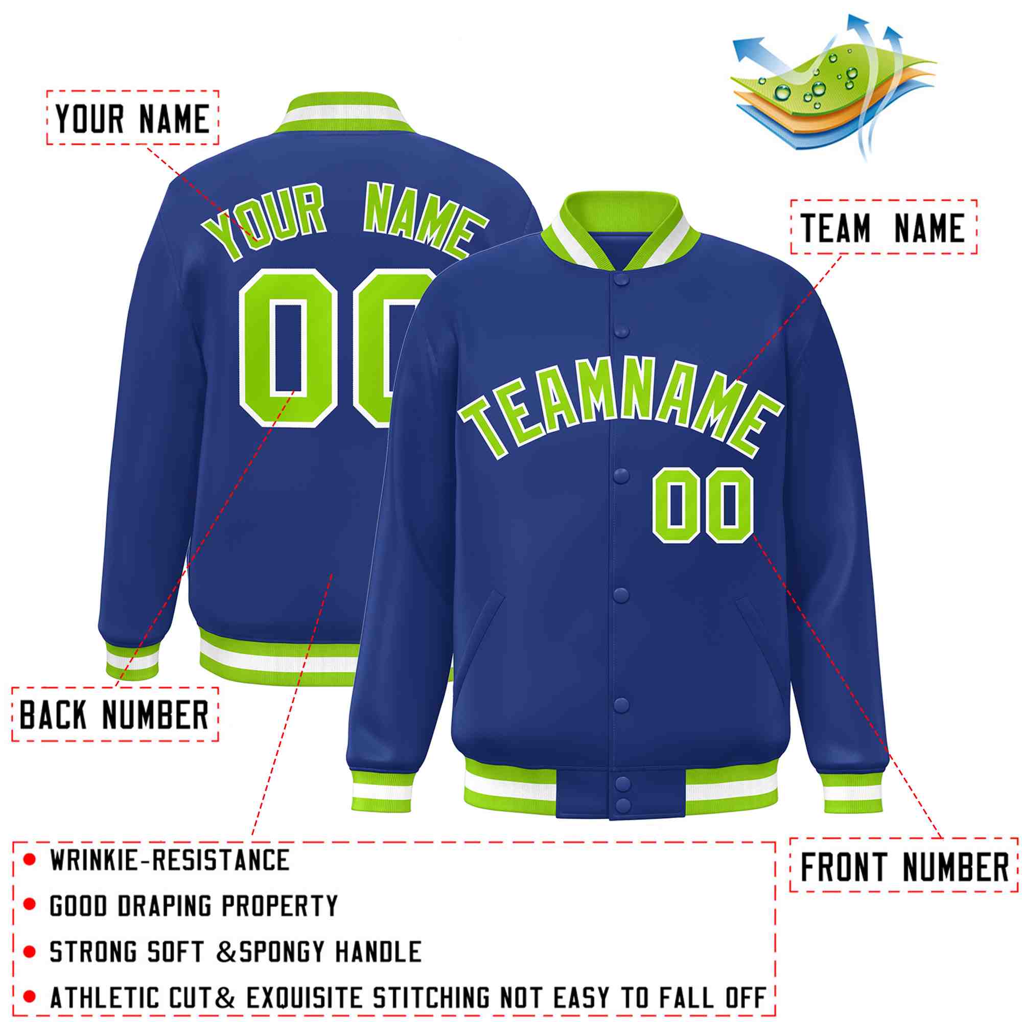 Custom Royal Neon Green-White Classic Style Varsity Full-Snap Letterman Jacket