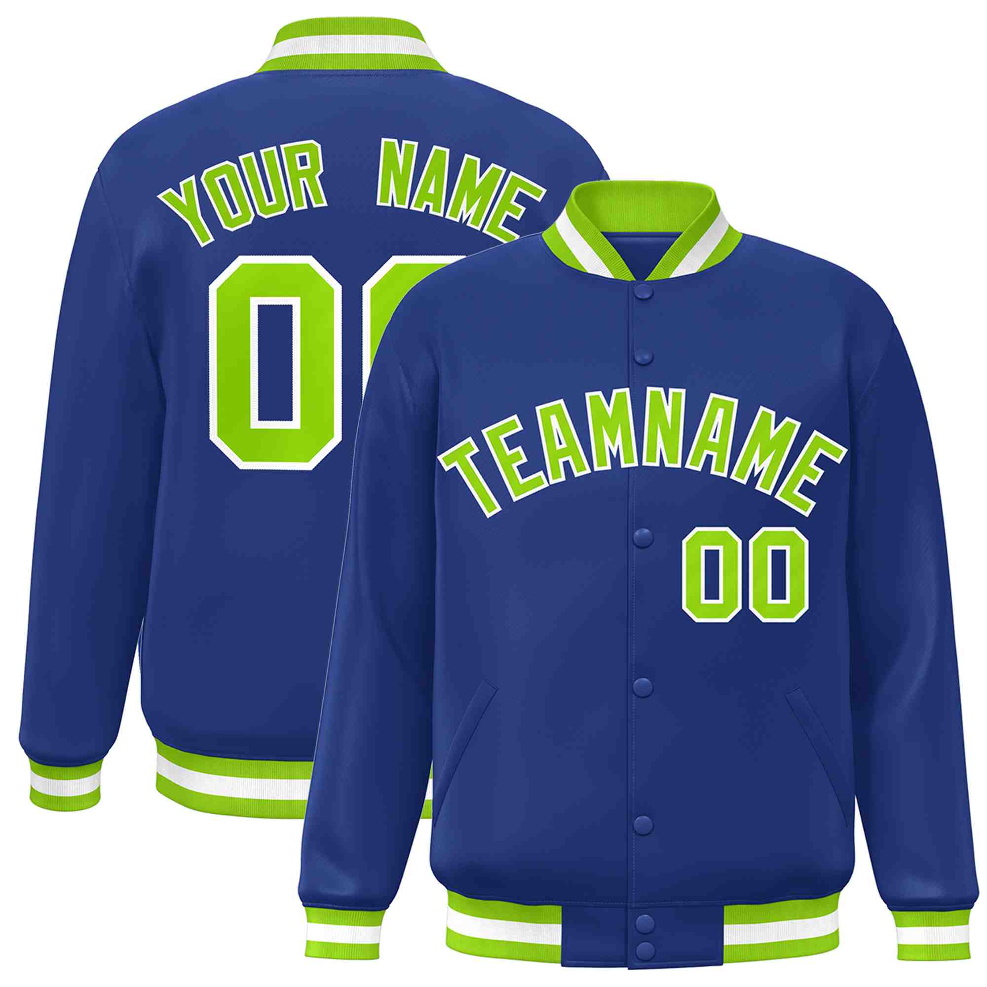 Veste Letterman personnalisée Royal Neon vert-blanc de style classique