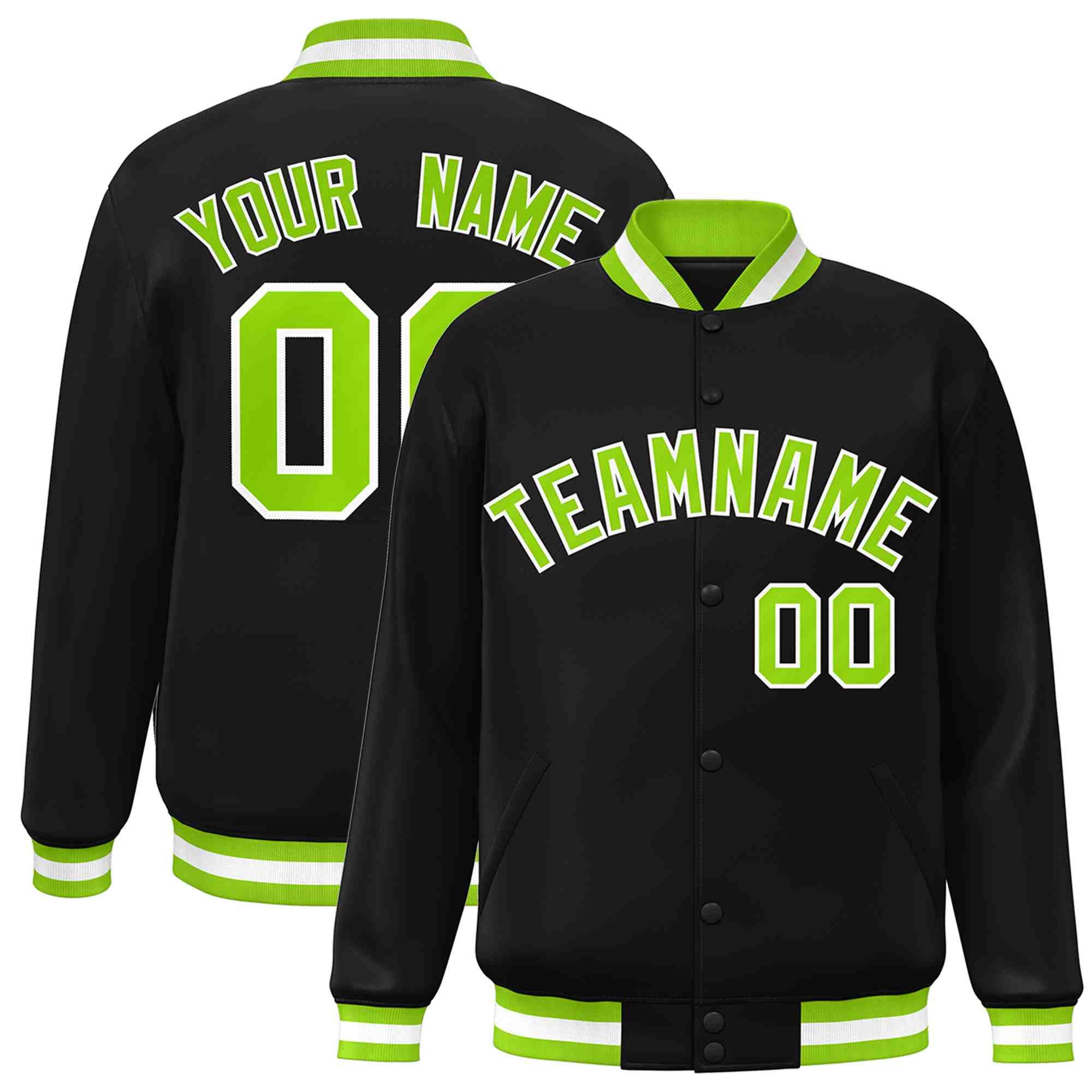 Custom Black Neon Green-White Classic Style Varsity Full-Snap Letterman Jacket