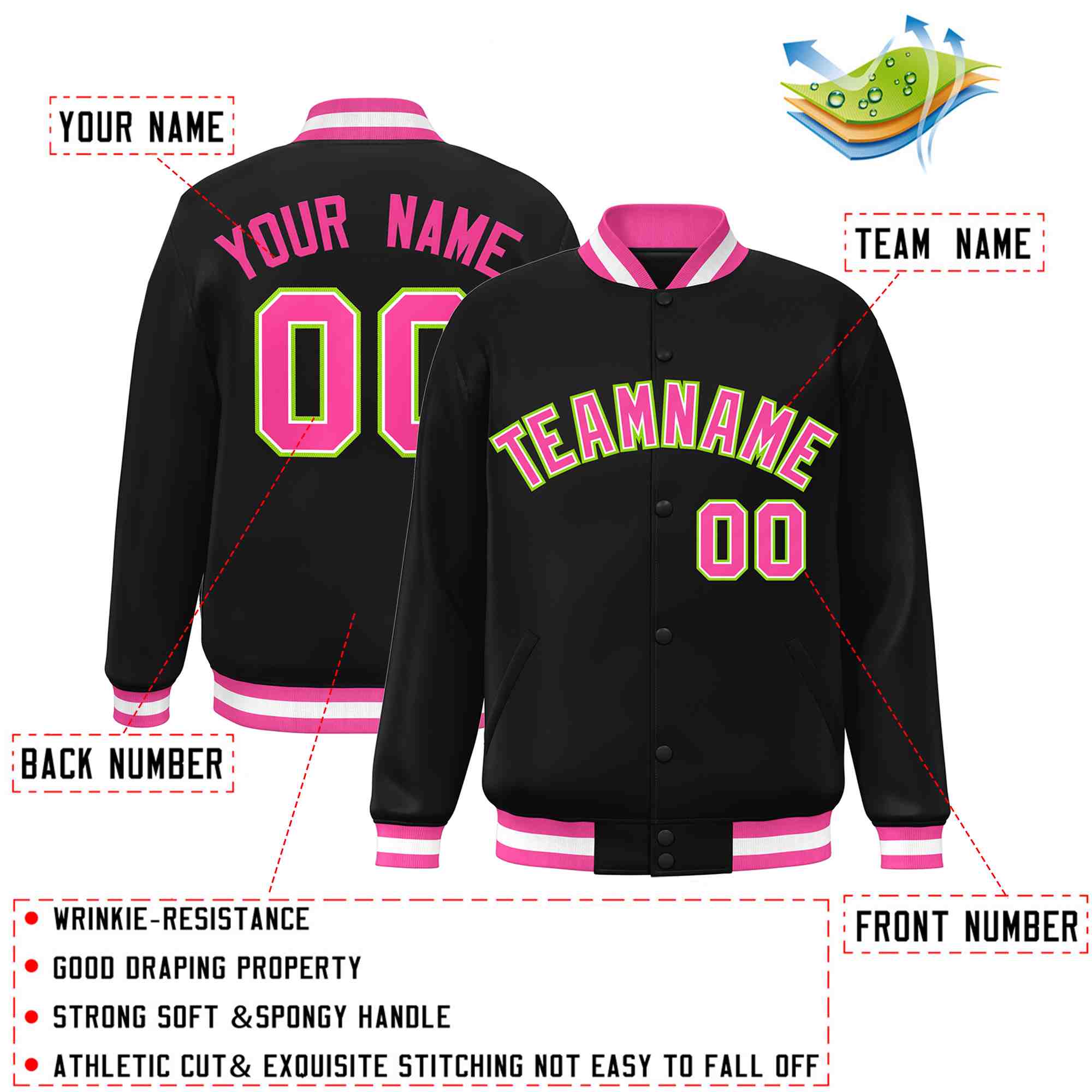 Custom Black Pink-White Classic Style Varsity Full-Snap Letterman Jacket