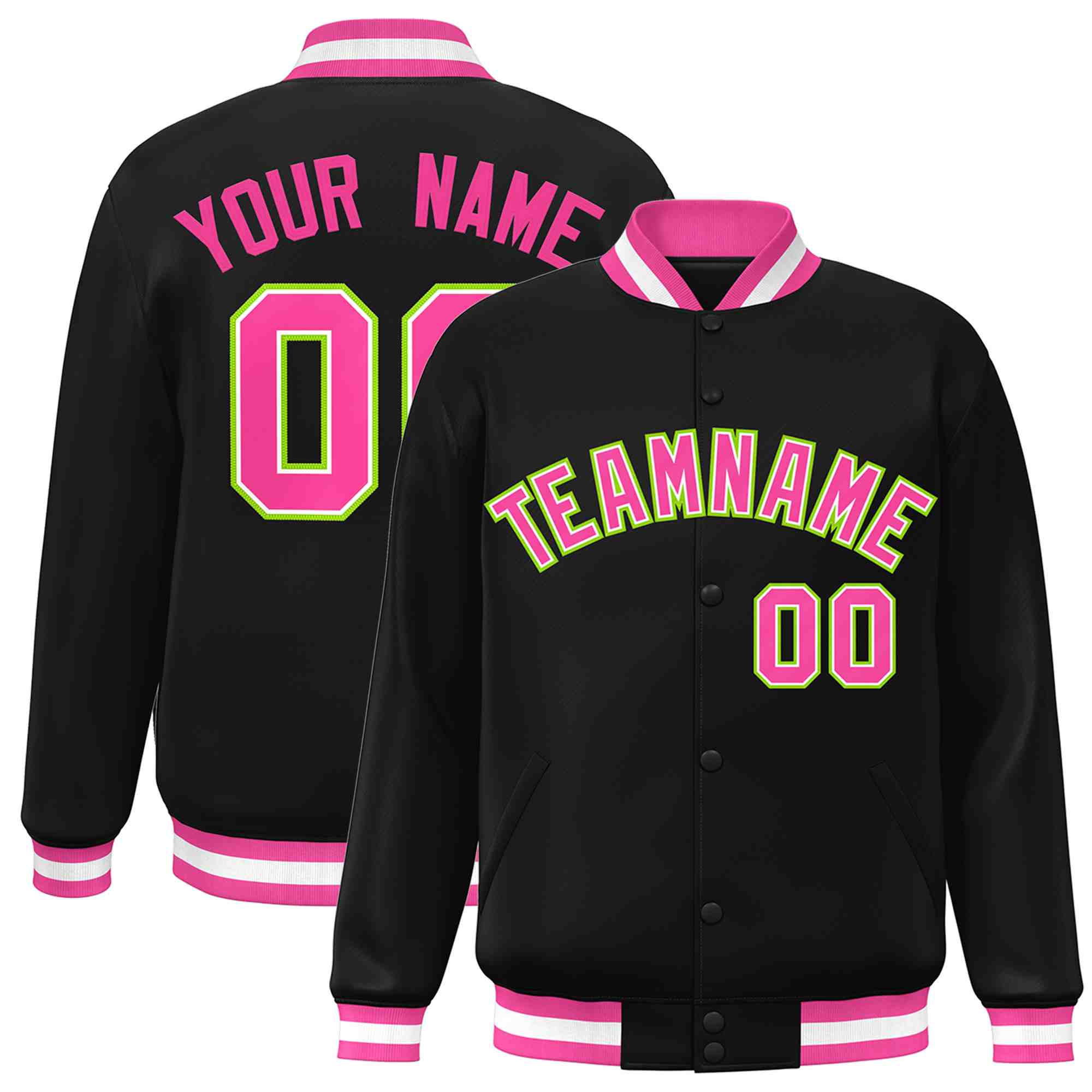 Custom Black Pink-White Classic Style Varsity Full-Snap Letterman Jacket