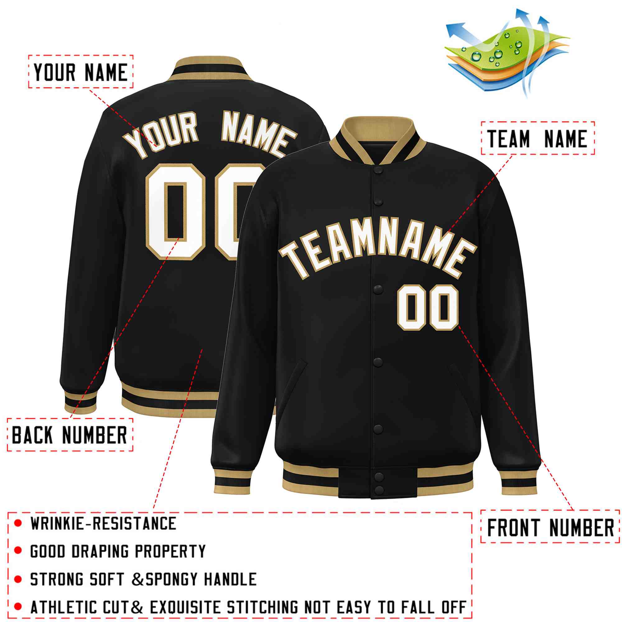 Custom Black White-Old Gold Classic Style Varsity Full-Snap Letterman Jacket