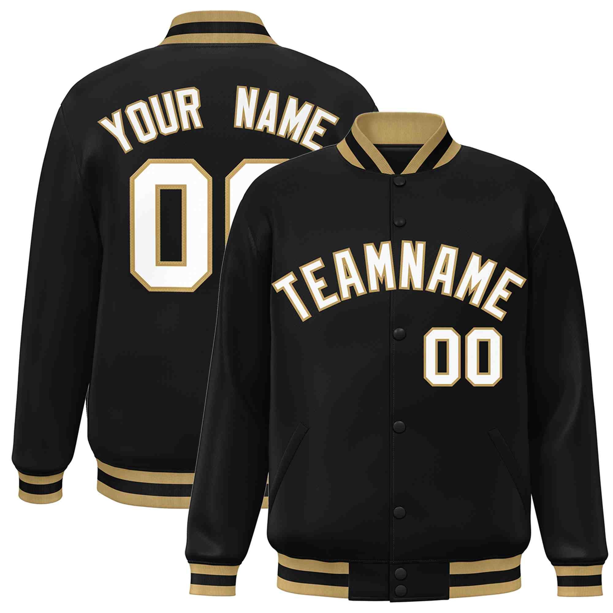 Custom Black White-Old Gold Classic Style Varsity Full-Snap Letterman Jacket