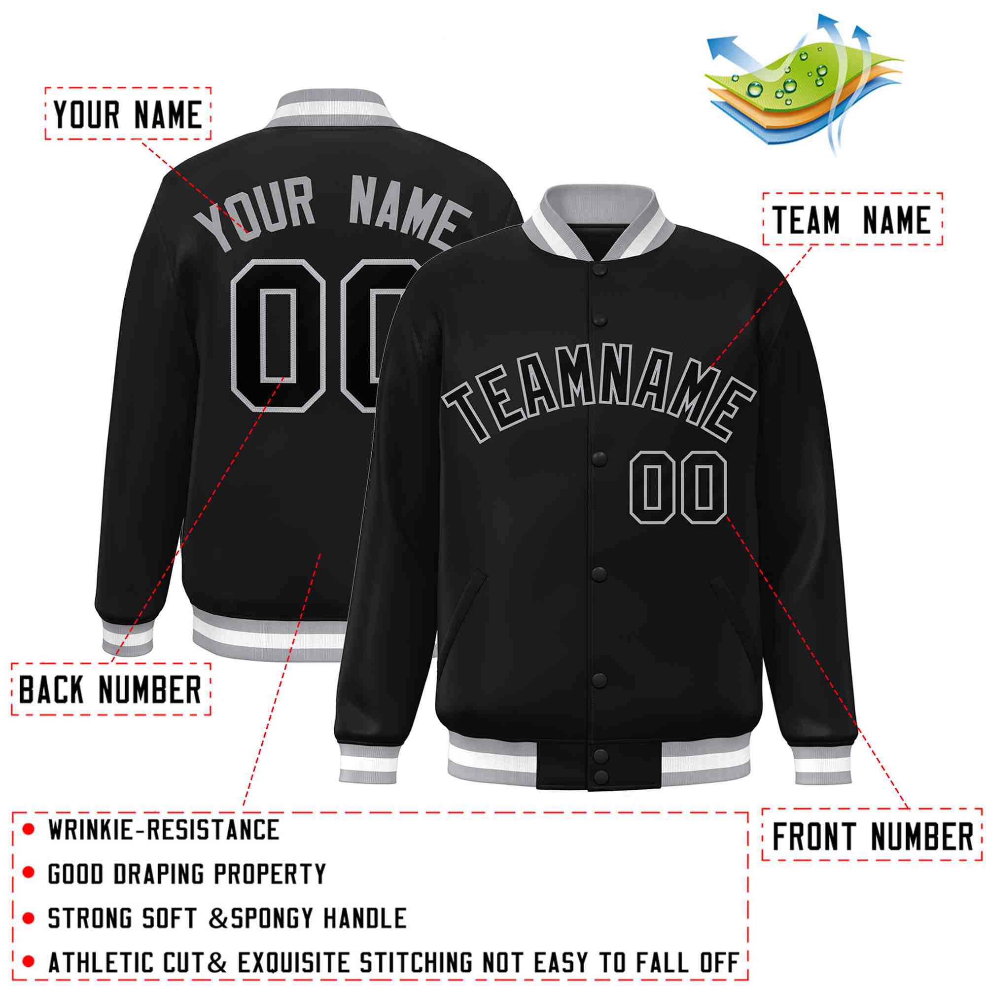 Custom Black Black-Gray Classic Style Varsity Full-Snap Letterman Jacket