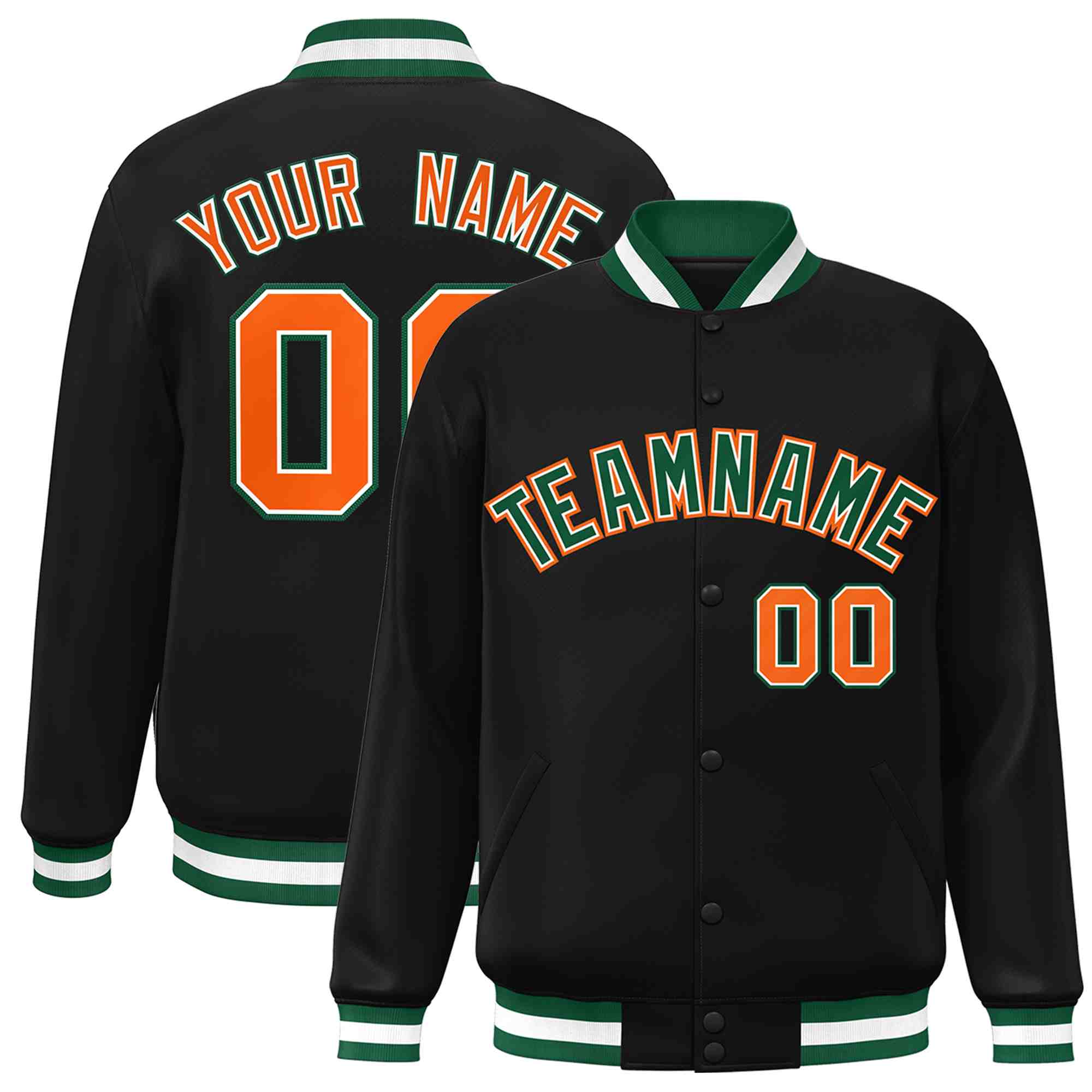 Custom Black Green-White Classic Style Varsity Full-Snap Letterman Jacket