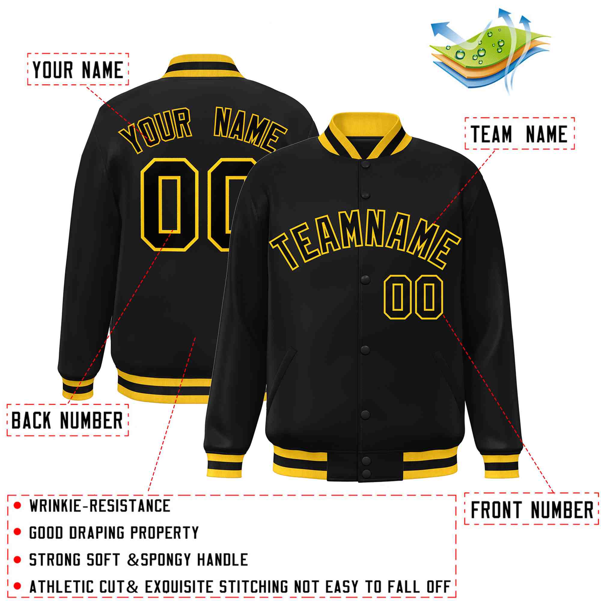 Custom Black Black-Gold Classic Style Varsity Full-Snap Letterman Jacket