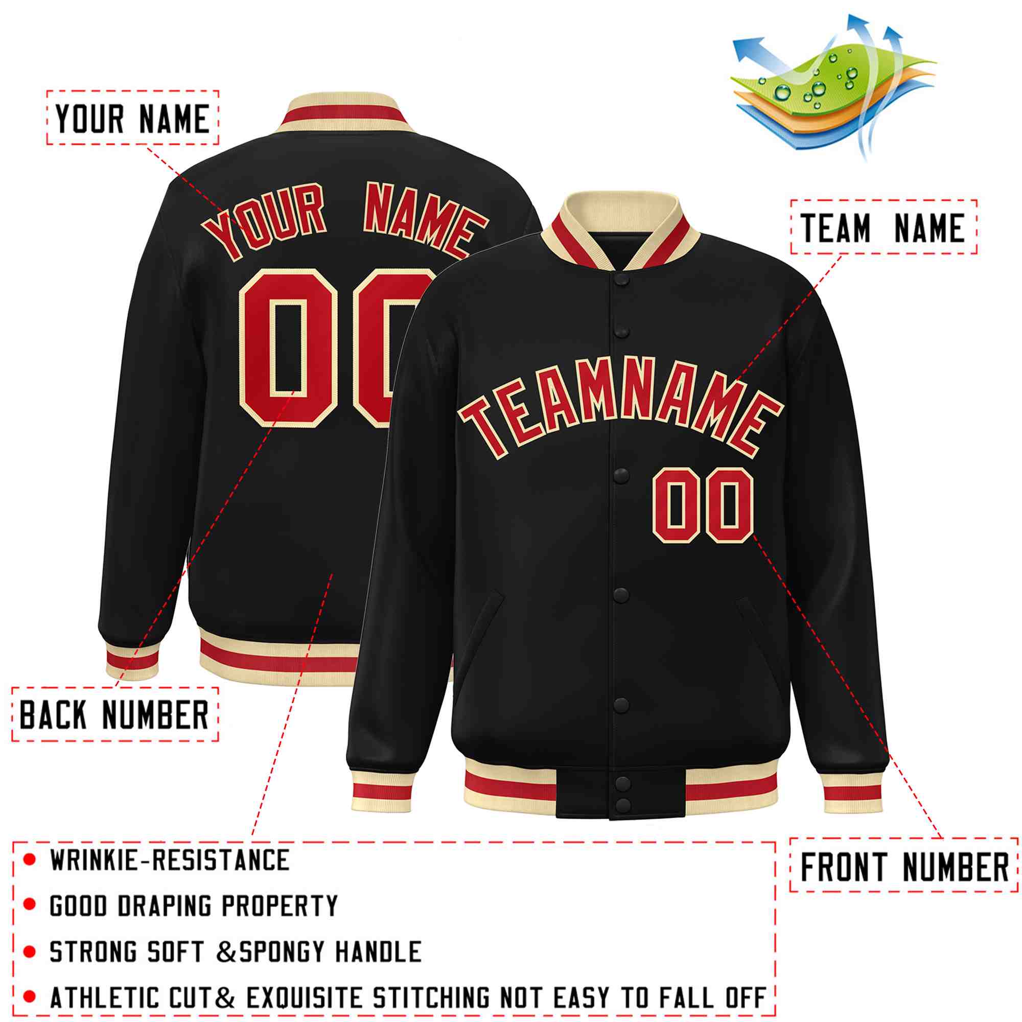 Custom Black Red-Khaki Classic Style Varsity Full-Snap Letterman Jacket