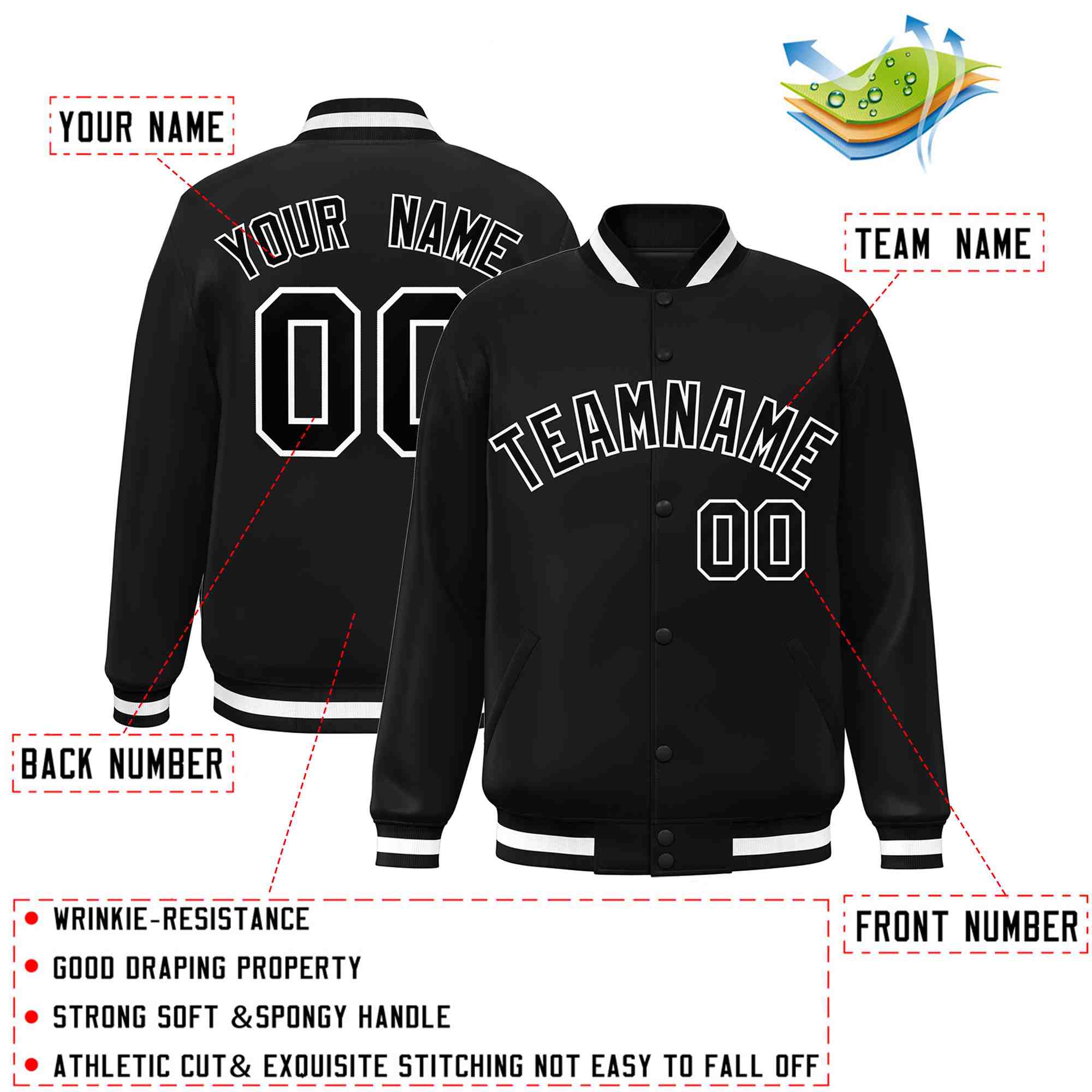 Custom Black Black-White Classic Style Varsity Full-Snap Letterman Jacket