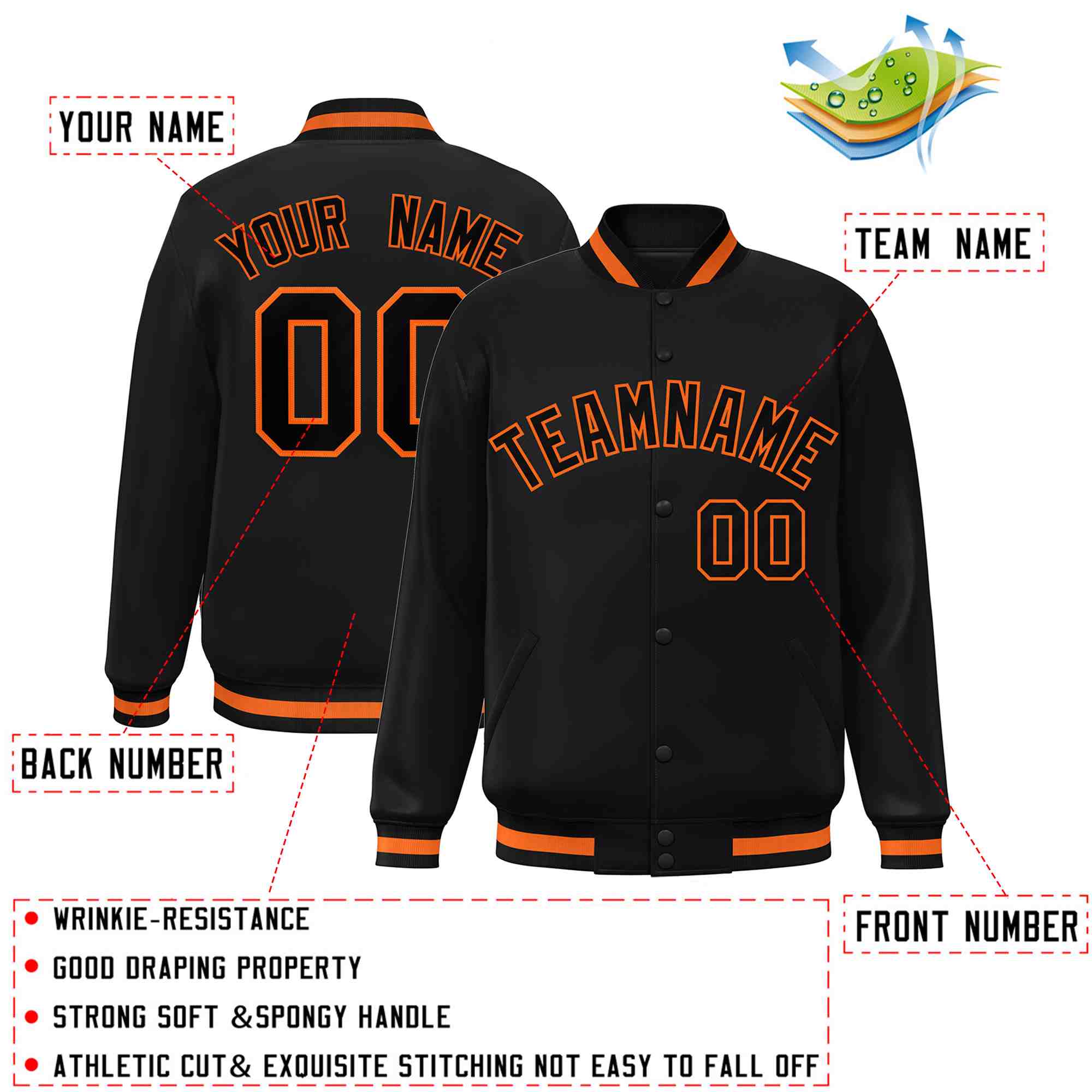 Custom Black Black-Orange Classic Style Varsity Full-Snap Letterman Jacket