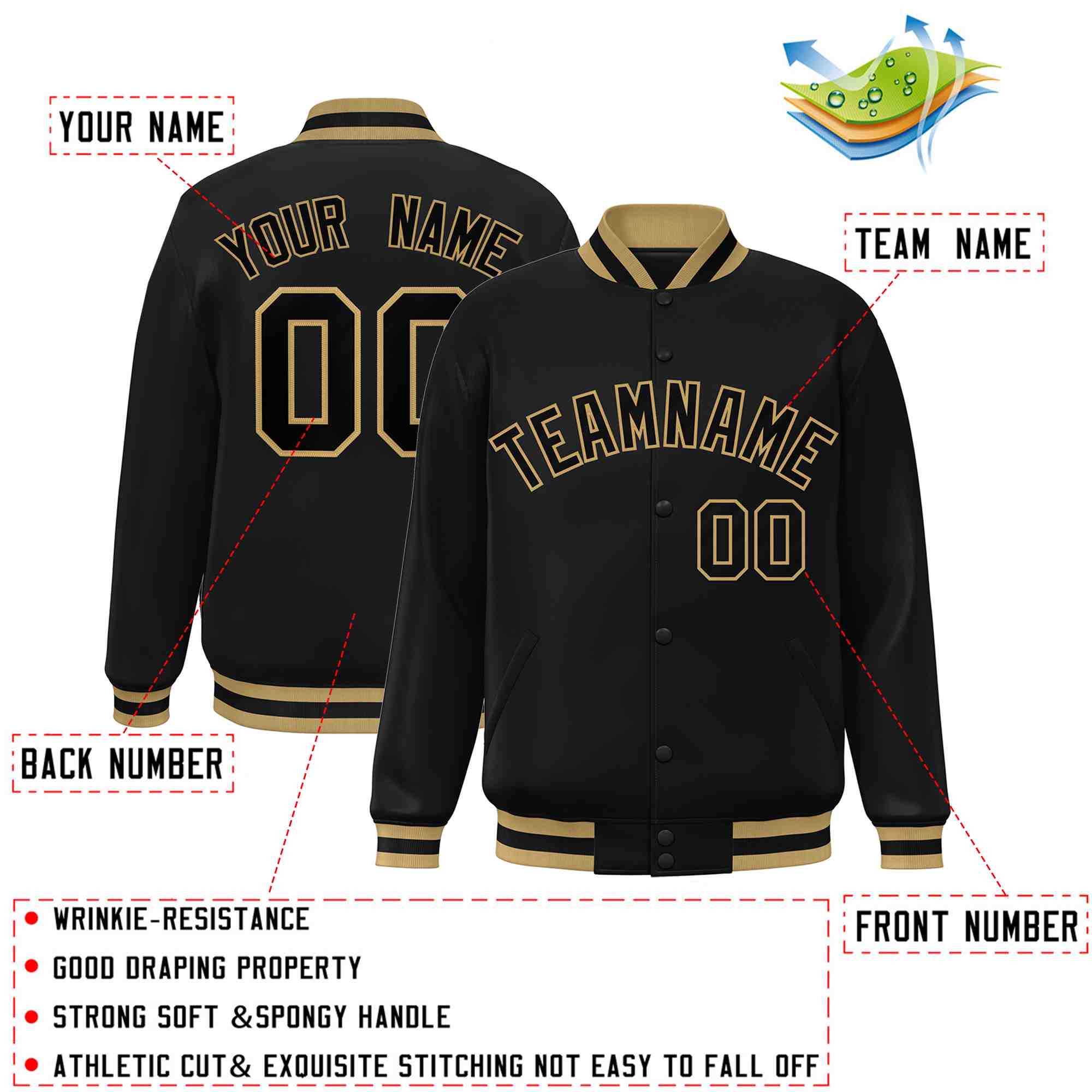 Custom Black Black-Old Gold Classic Style Varsity Full-Snap Letterman Jacket