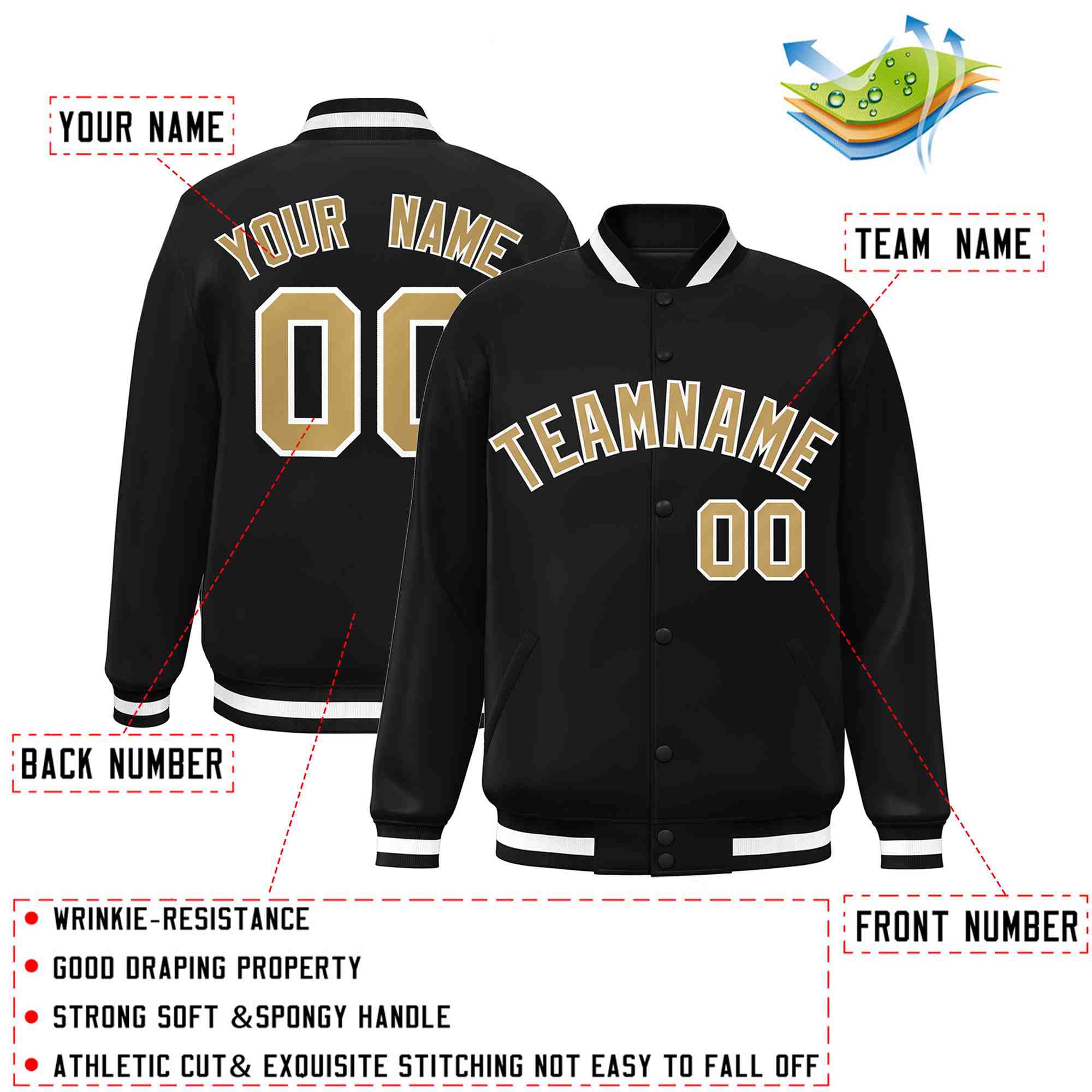 Custom Black Old Gold-White Classic Style Varsity Full-Snap Letterman Jacket