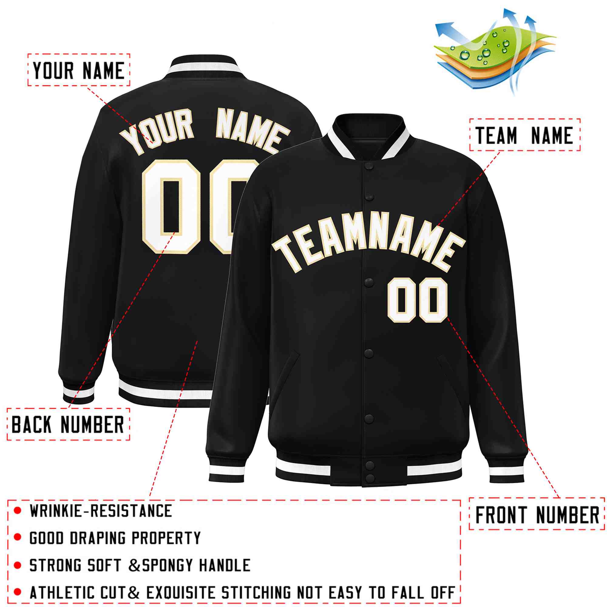 Custom Black White-Khaki Classic Style Varsity Full-Snap Letterman Jacket