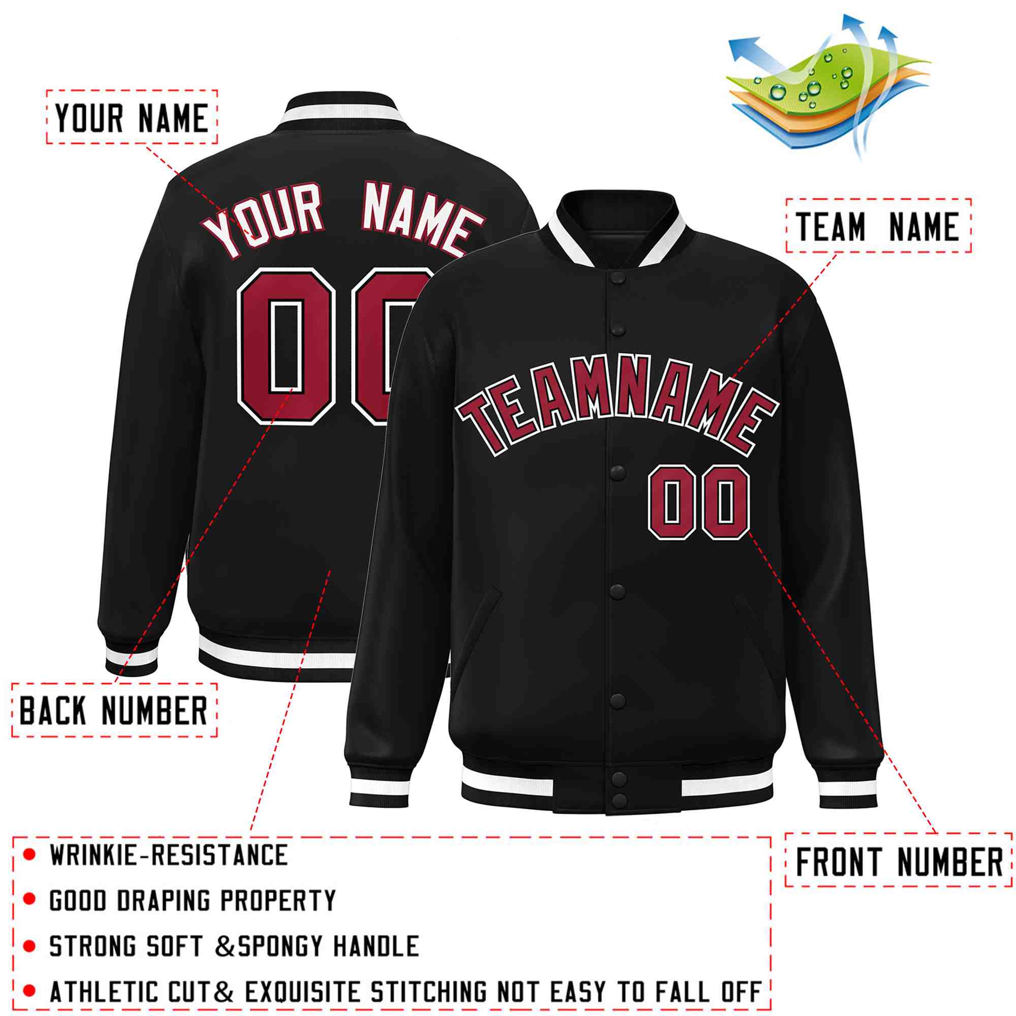 Custom Black Crimson-Black Classic Style Varsity Full-Snap Letterman Jacket