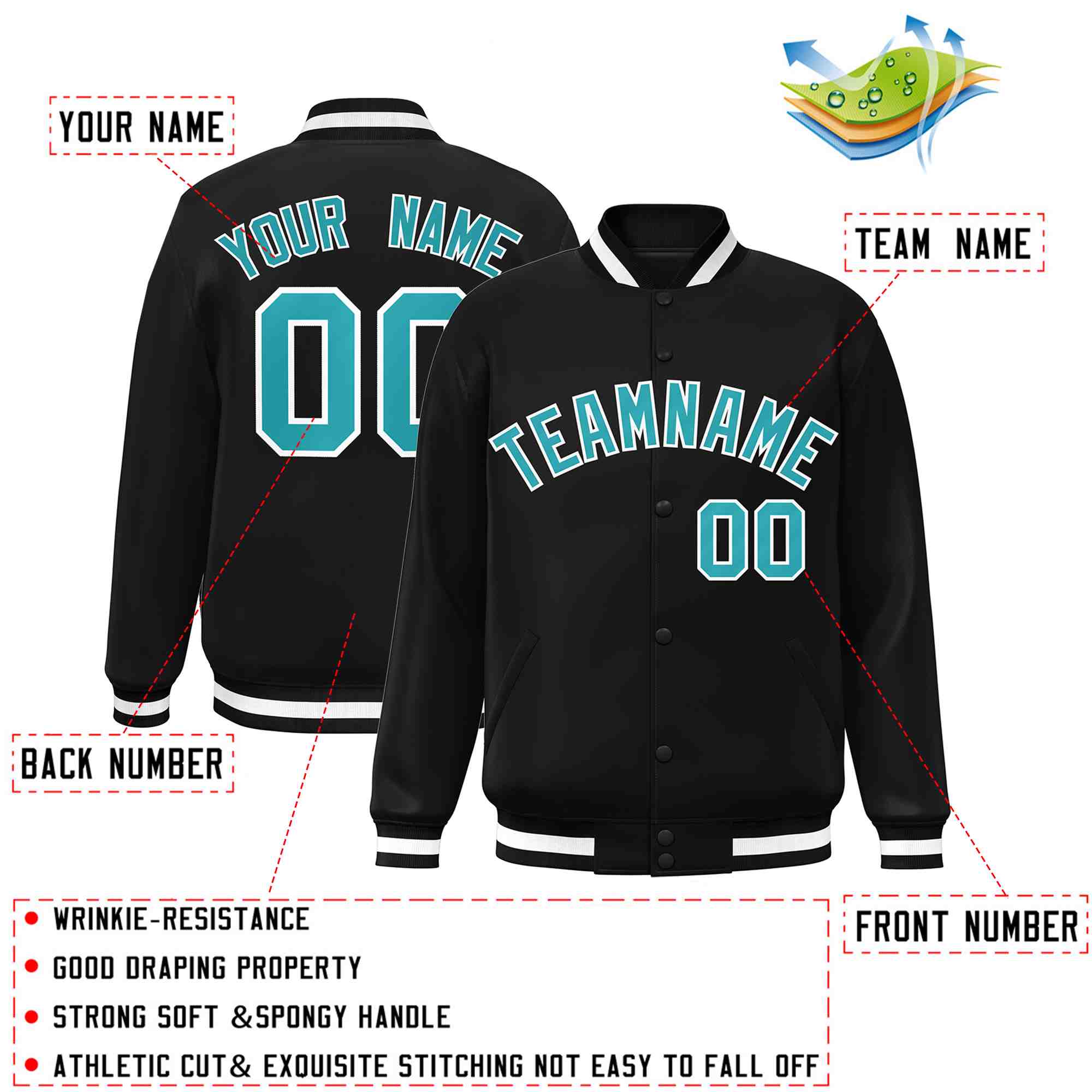 Custom Black Aqua-White Classic Style Varsity Full-Snap Letterman Jacket