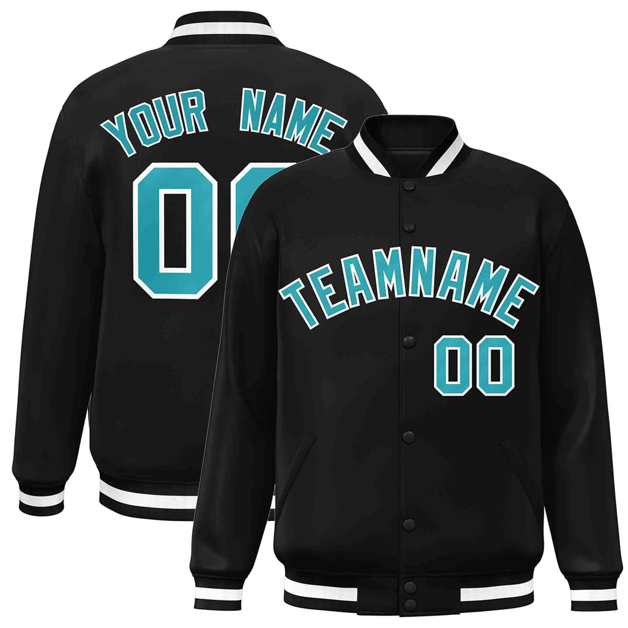 Custom Black Aqua-White Classic Style Varsity Full-Snap Letterman Jacket