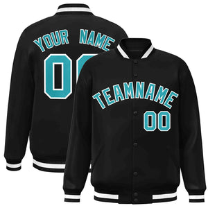 Veste Letterman à bouton-pression complète de style classique noir Aqua-White personnalisée