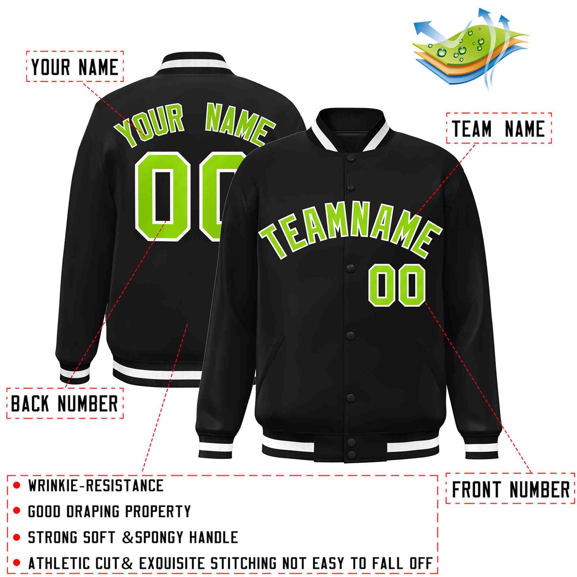 Custom Black Neon Green-White Classic Style Varsity Full-Snap Letterman Jacket